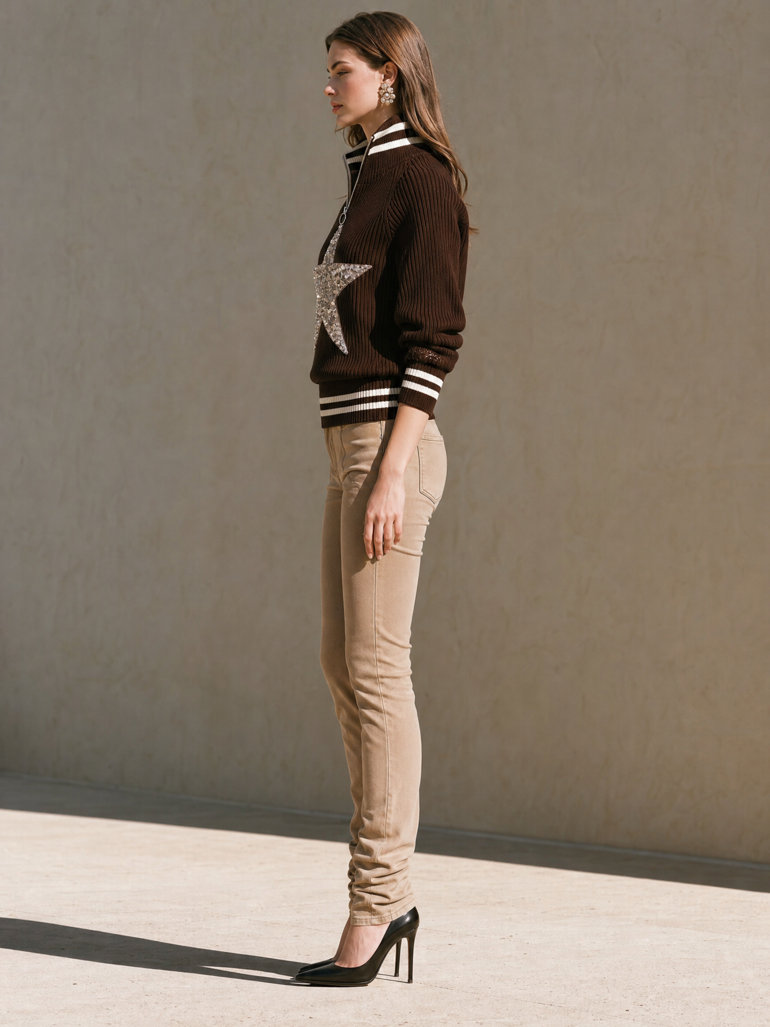 Brown Stand-collar Sweater With Silver Sequin Star Embellishments