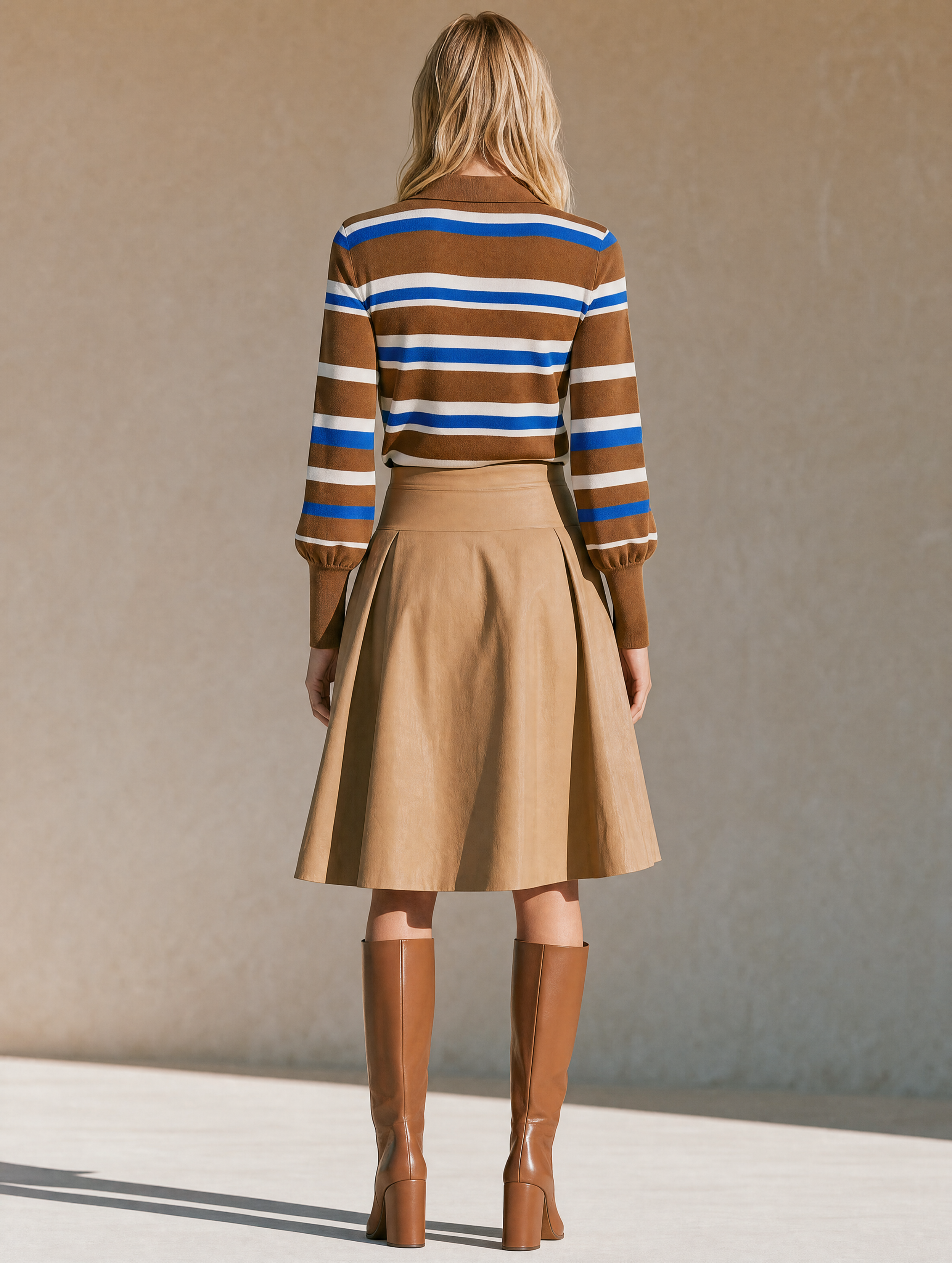 Brown Blue Striped Button Polo Knit Top