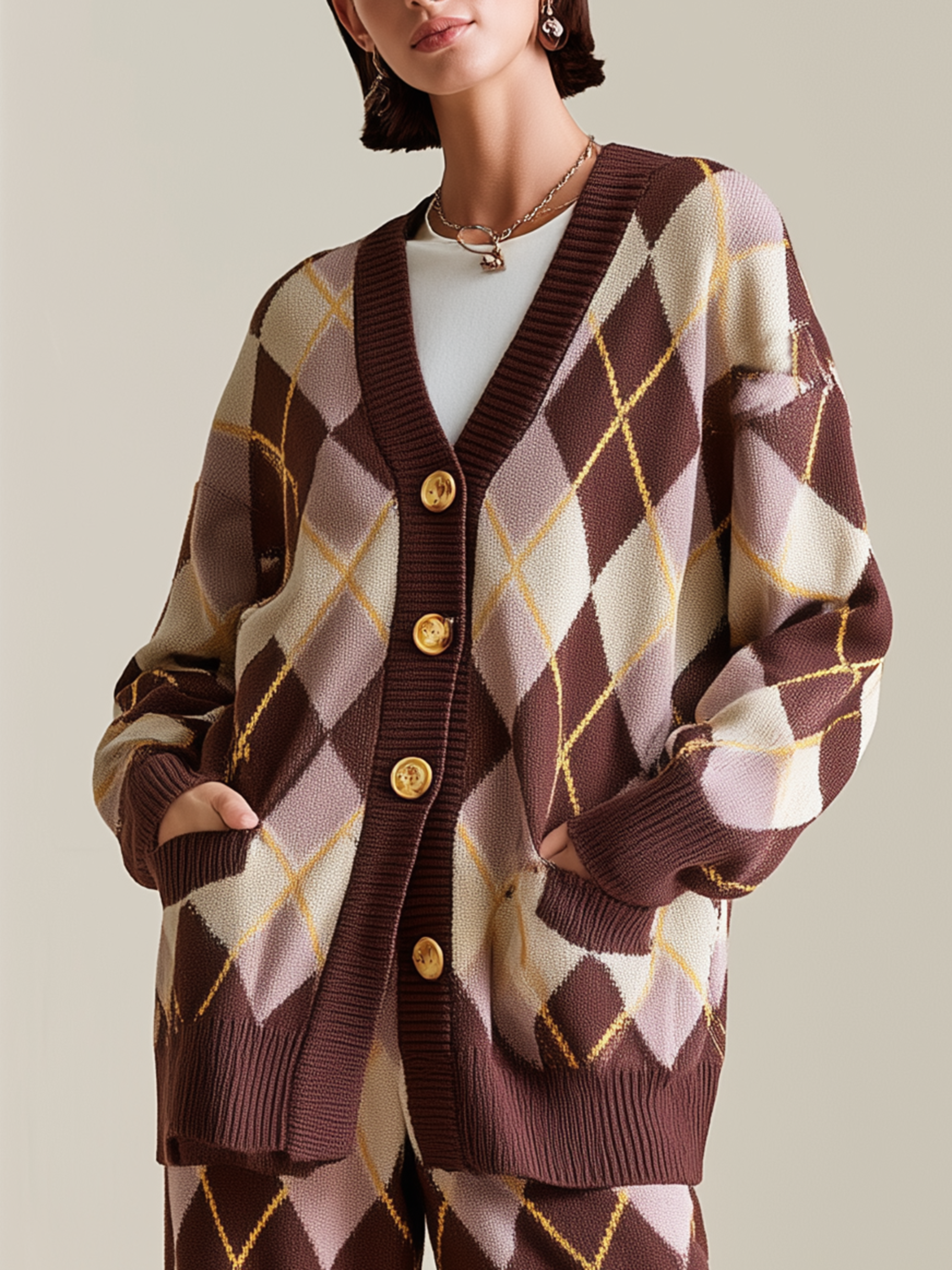 Elegant Dark Brown & Pink Argyle Knit Cardigan