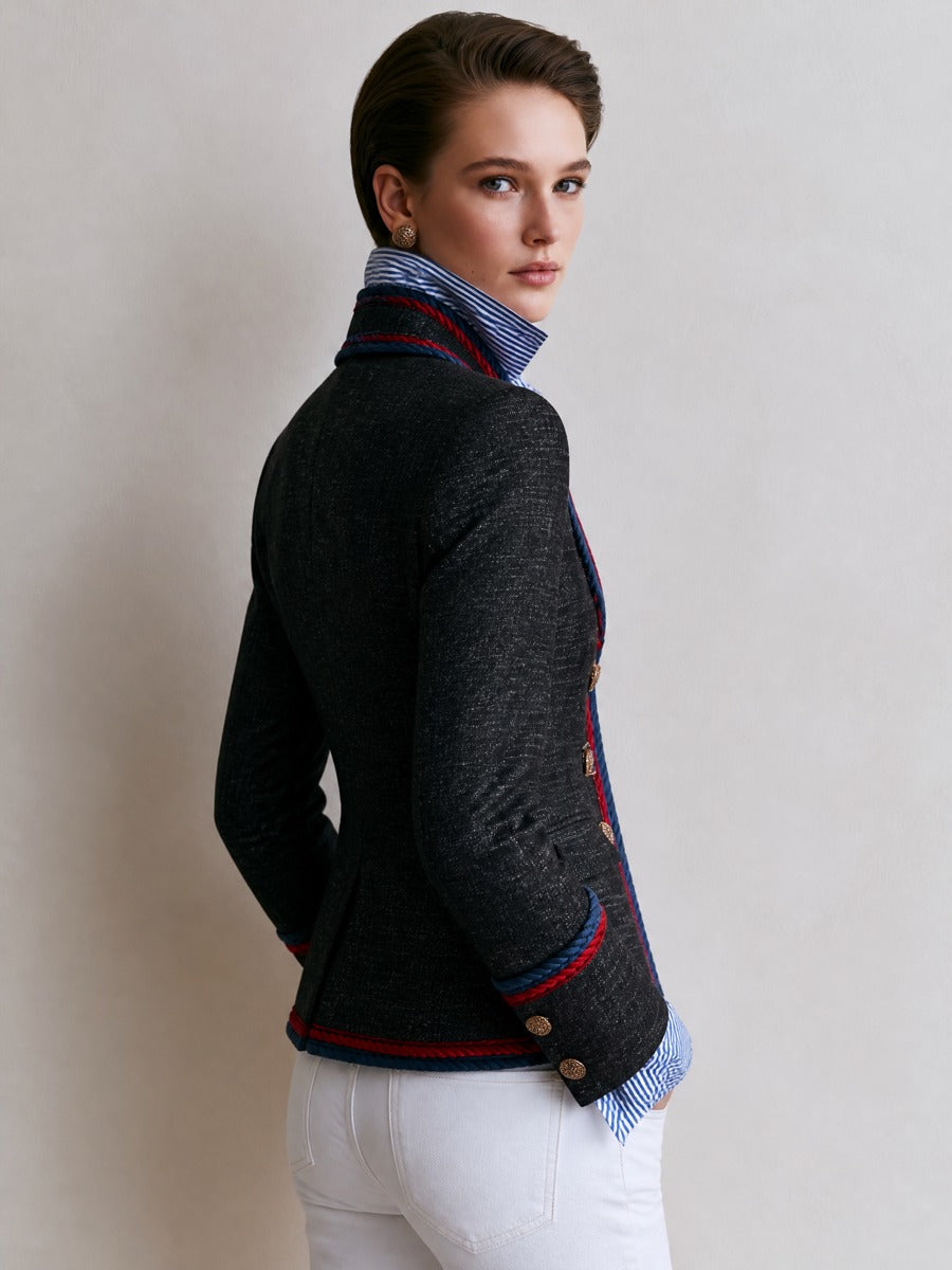 Black Tweed Trim‑Edged Waist‑Defined Short Blazer