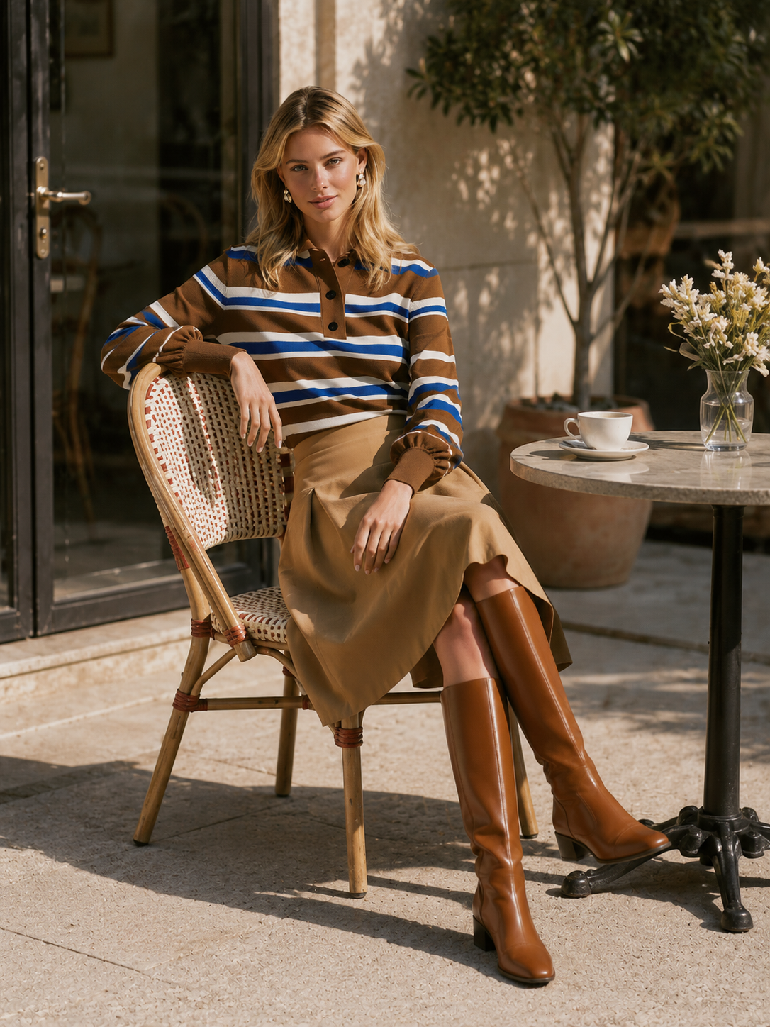 Brown Blue Striped Button Polo Knit Top