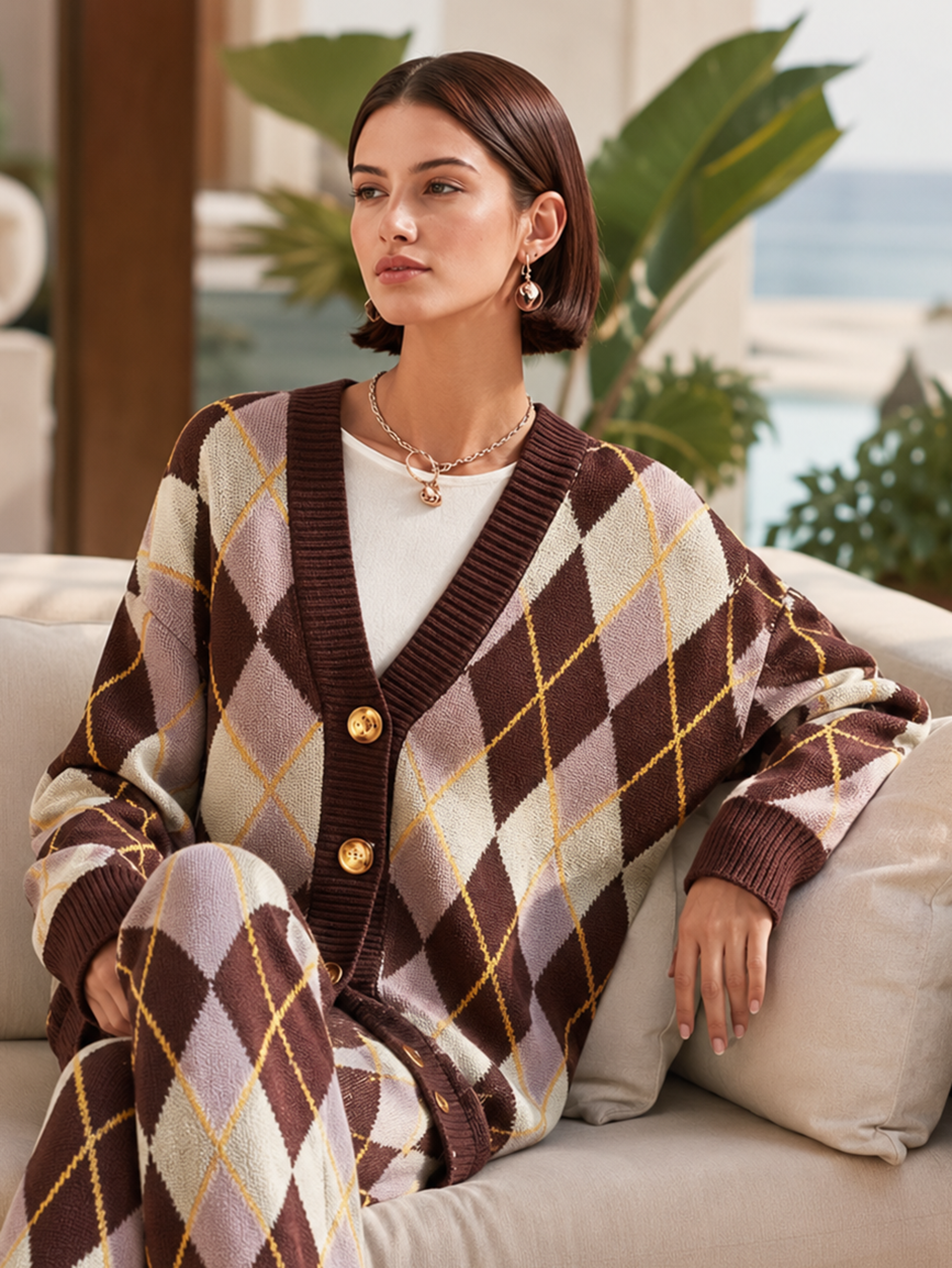Elegant Dark Brown & Pink Argyle Knit Cardigan