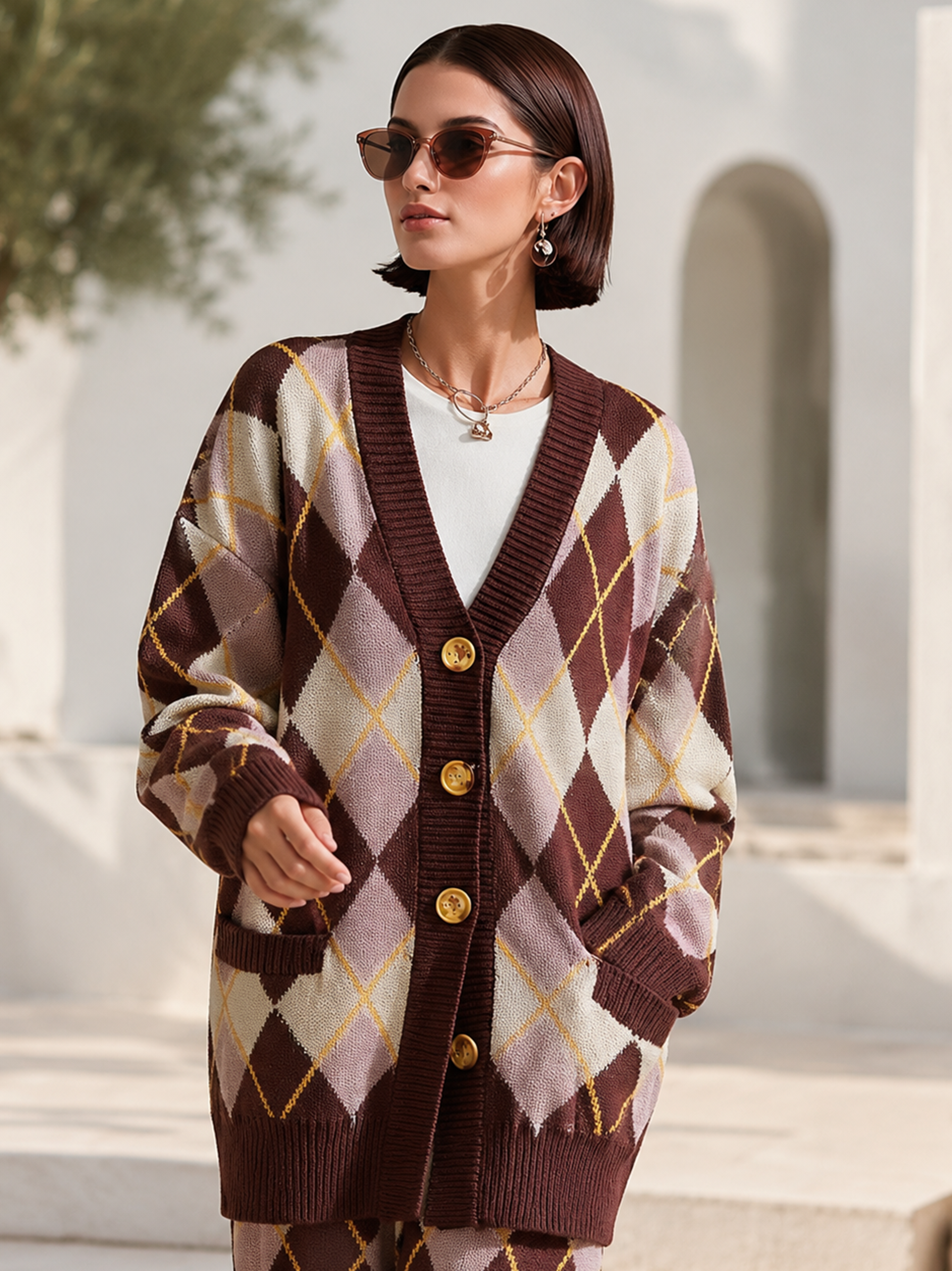 Elegant Dark Brown & Pink Argyle Knit Cardigan