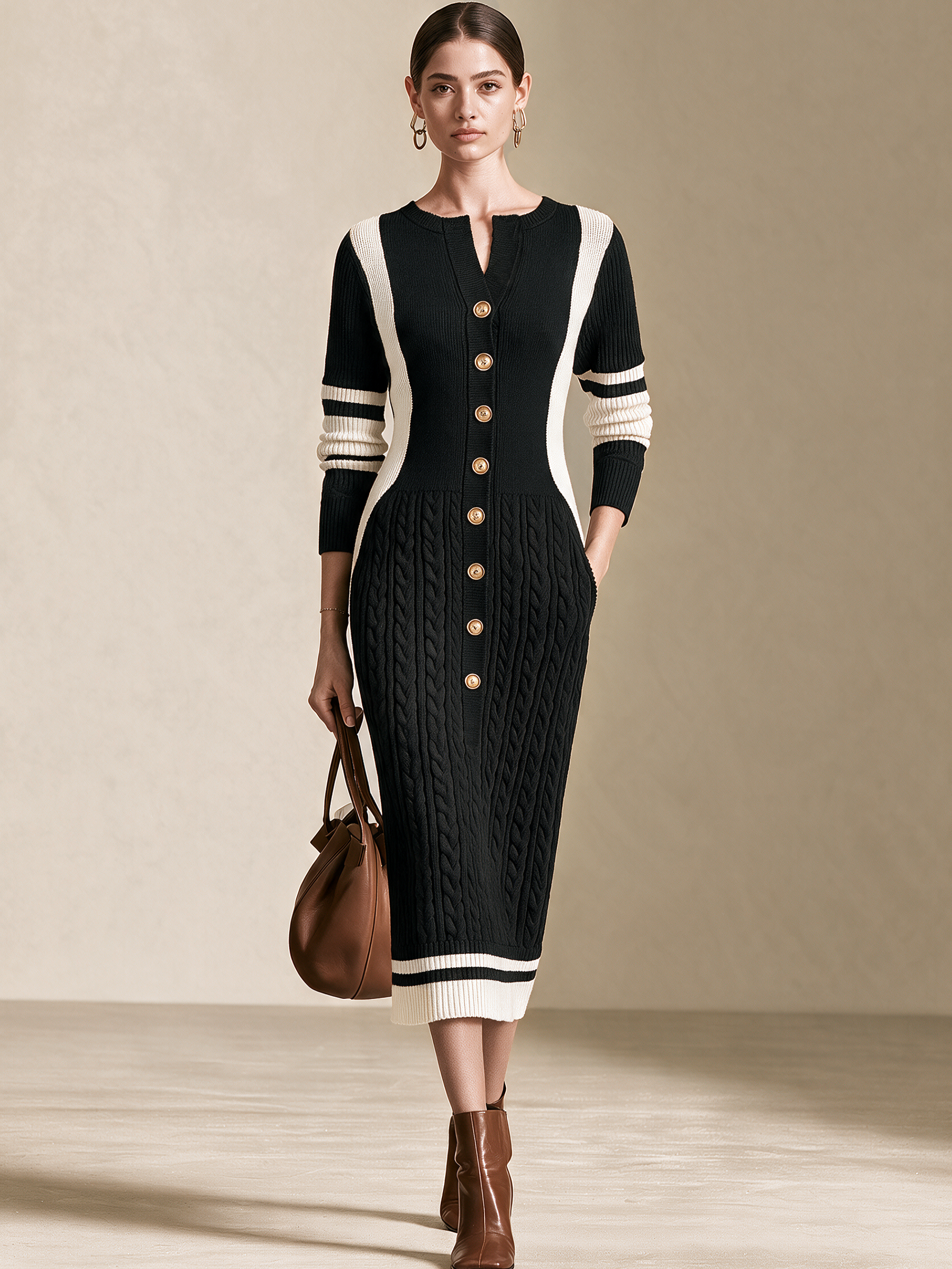 Black‑White Contrast Cable‑Knit Button‑Front Midi Knit Dress