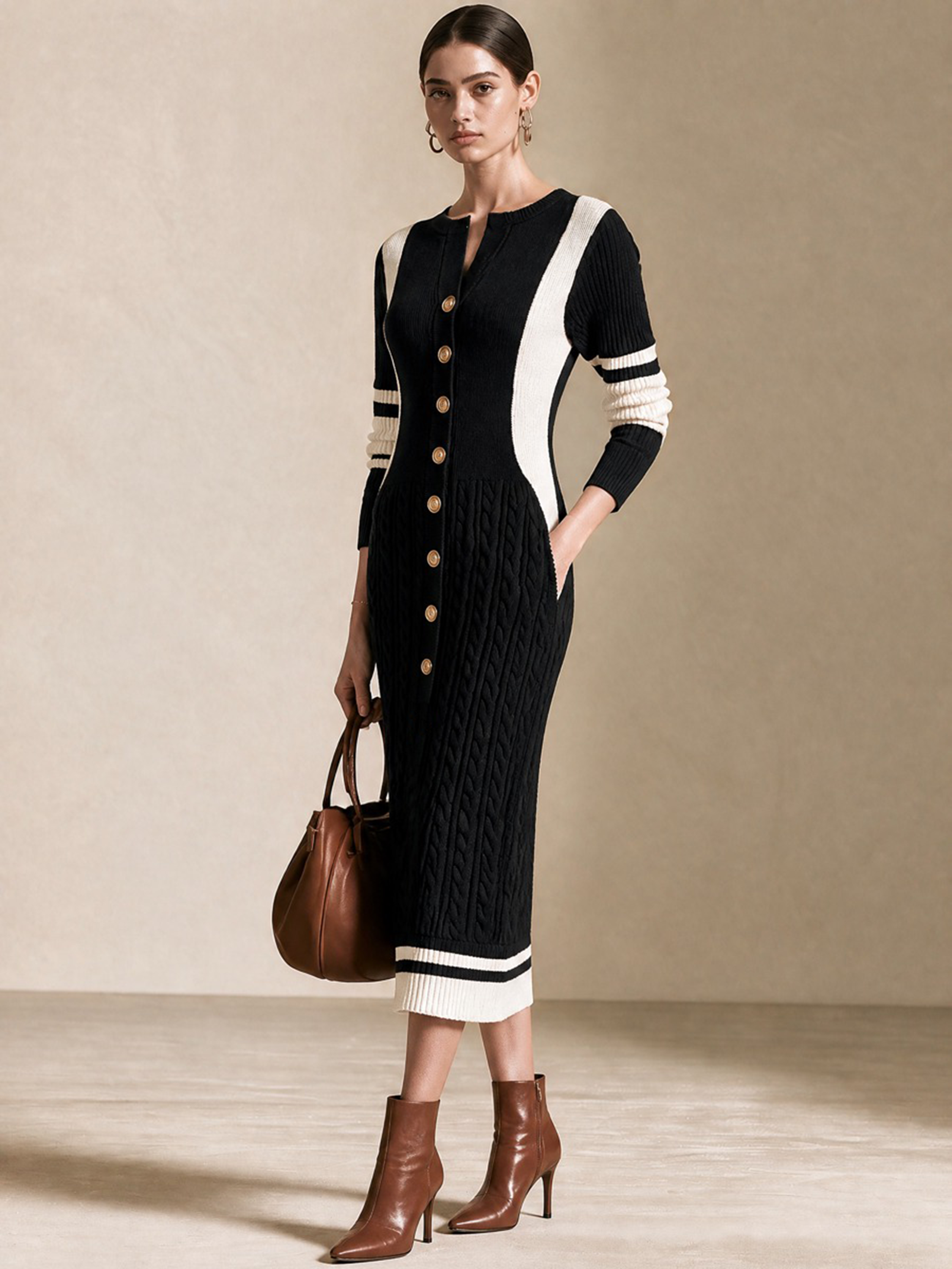 Black‑White Contrast Cable‑Knit Button‑Front Midi Knit Dress