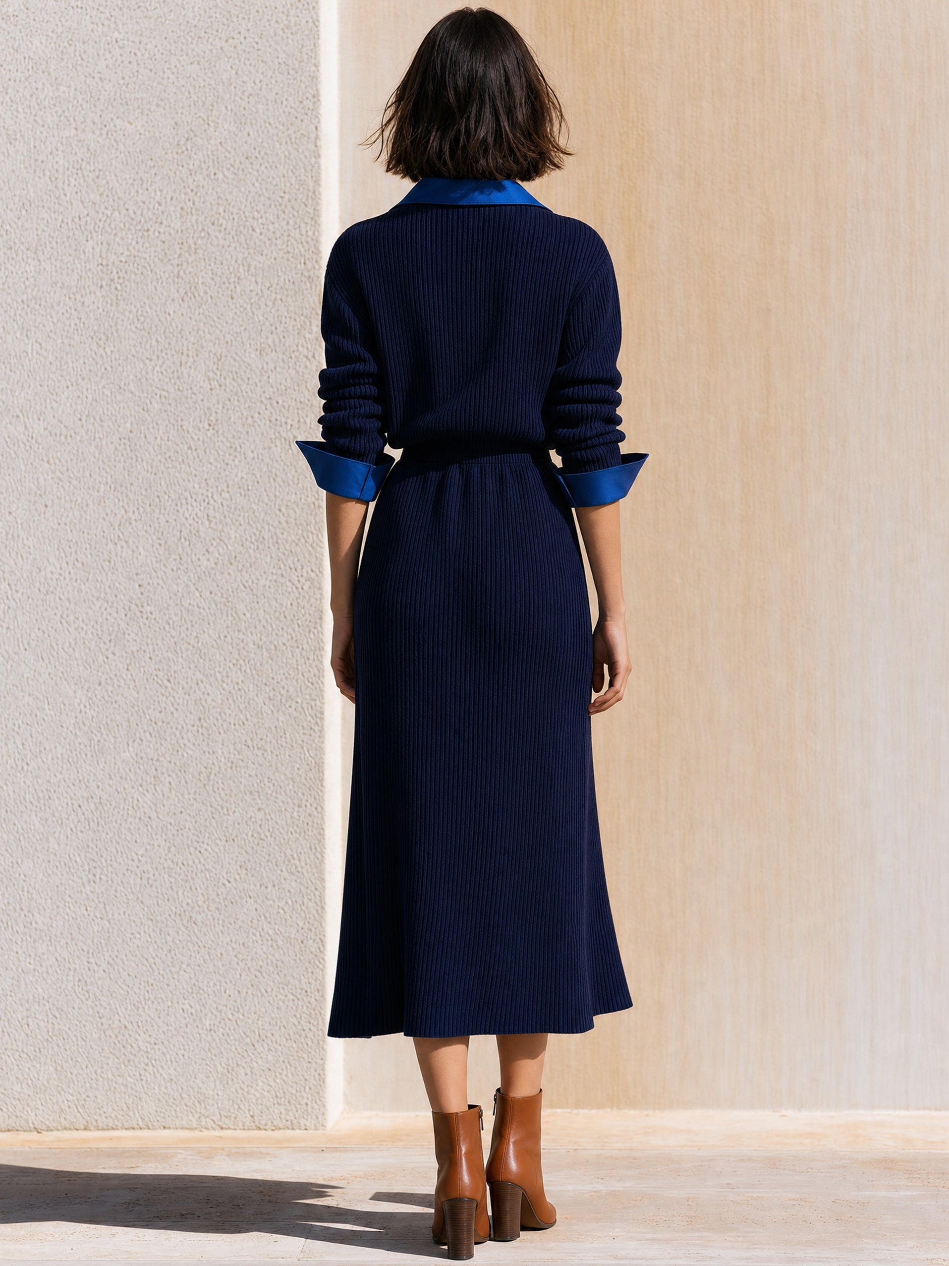 Color‑Block Shirt‑Style Knit Midi Dress