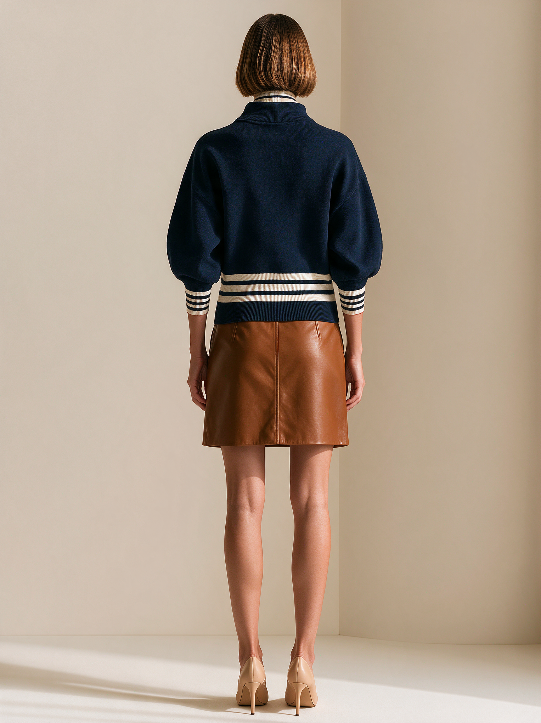 Navy Mock Neck Puff Sleeve Sweater With Striped Waist And Cuffs