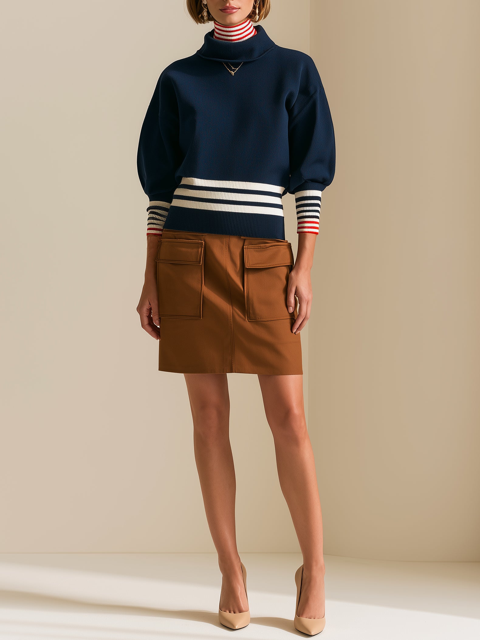 Navy Mock Neck Puff Sleeve Sweater With Striped Waist And Cuffs