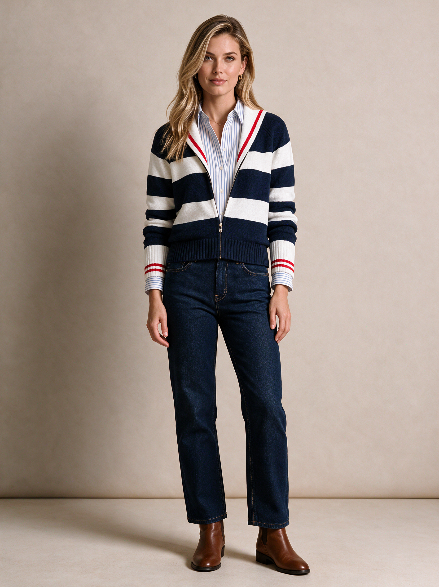 Navy Stripe Zip-Up Knit Cardigan With Stripe Shirt Layer