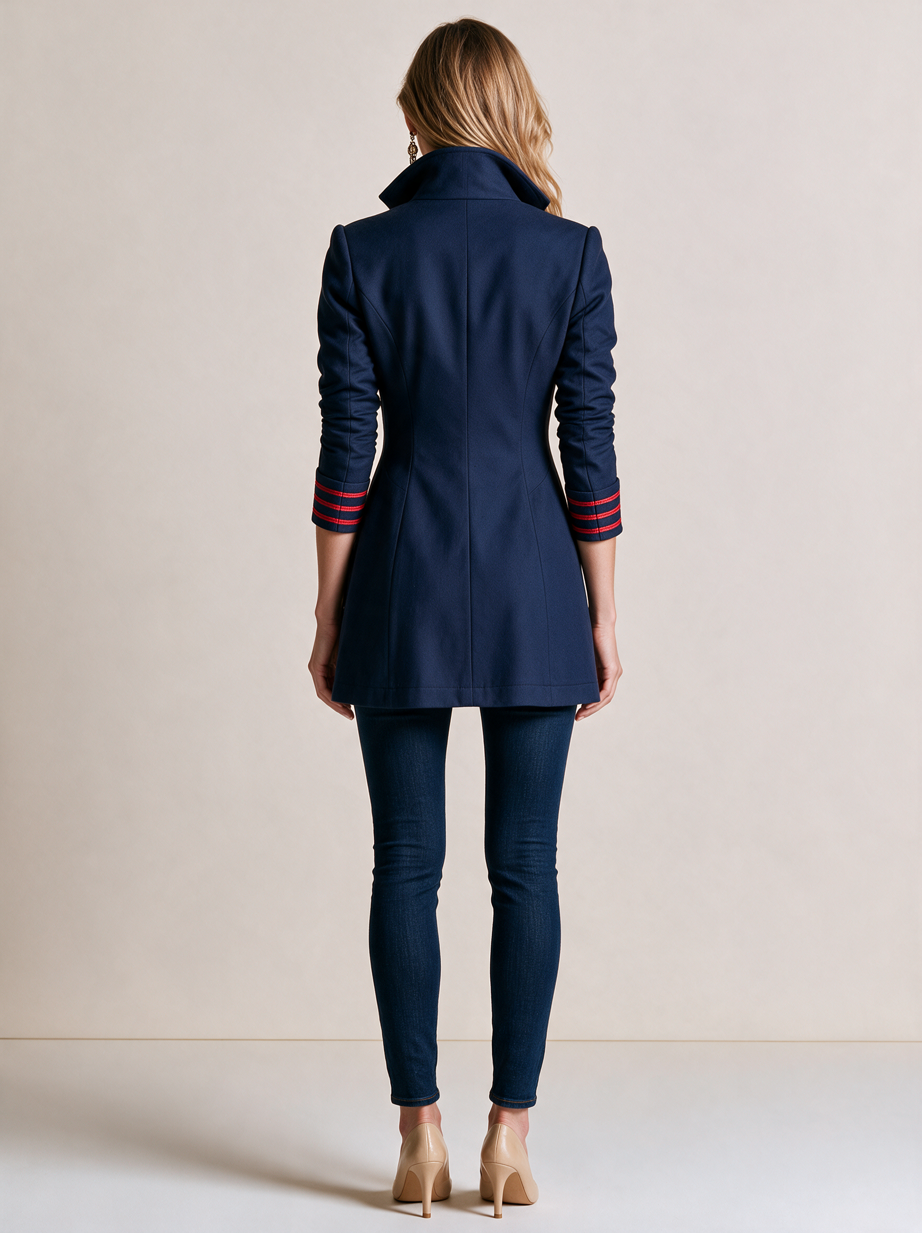Navy Double-Breasted Tailored Blazer Top With Red Trim And Stripe Shirt Layer