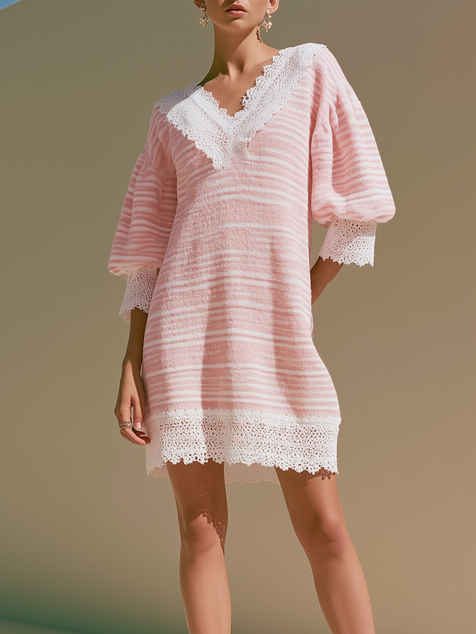 Pink Striped V-Neck Lace Trim Mini Dress