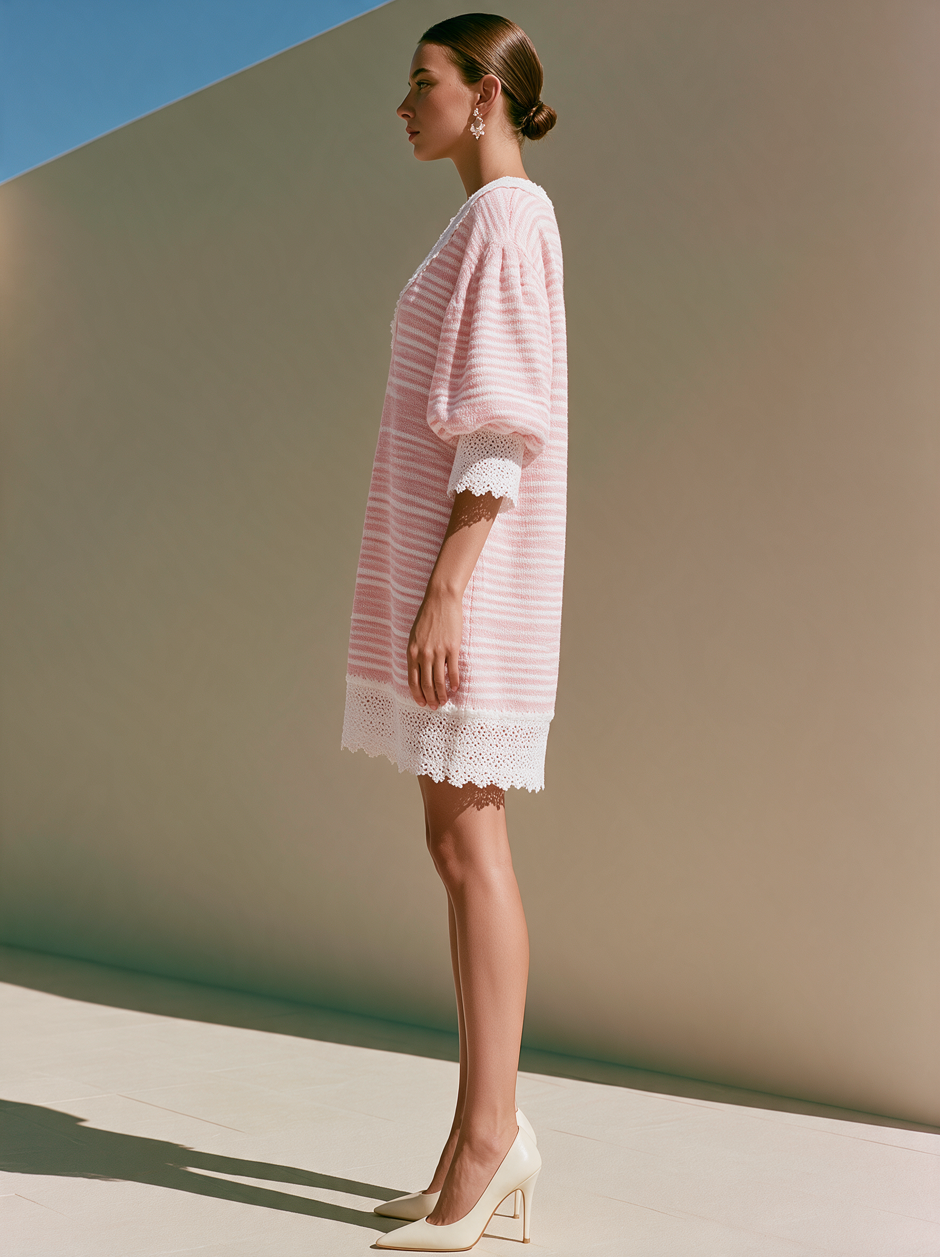 Pink Striped V-Neck Lace Trim Mini Dress