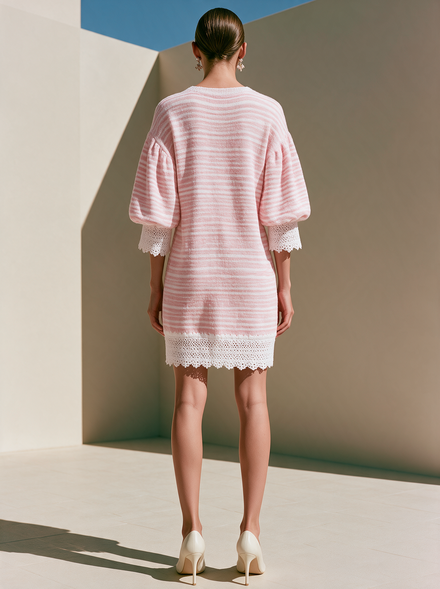 Pink Striped V-Neck Lace Trim Mini Dress