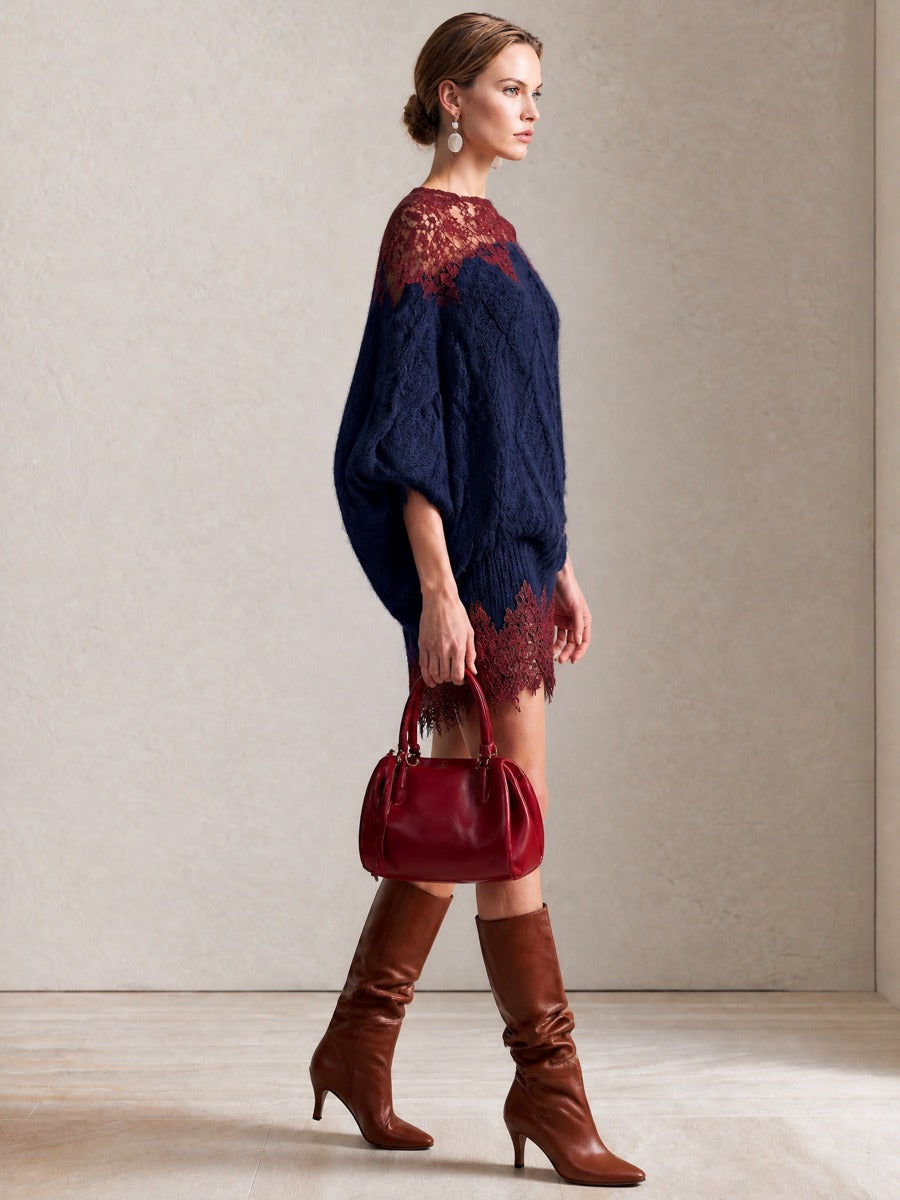 Wine‑Red Lace‑Trim Navy Cable‑Knit Batwing‑Sleeve Mini Dress