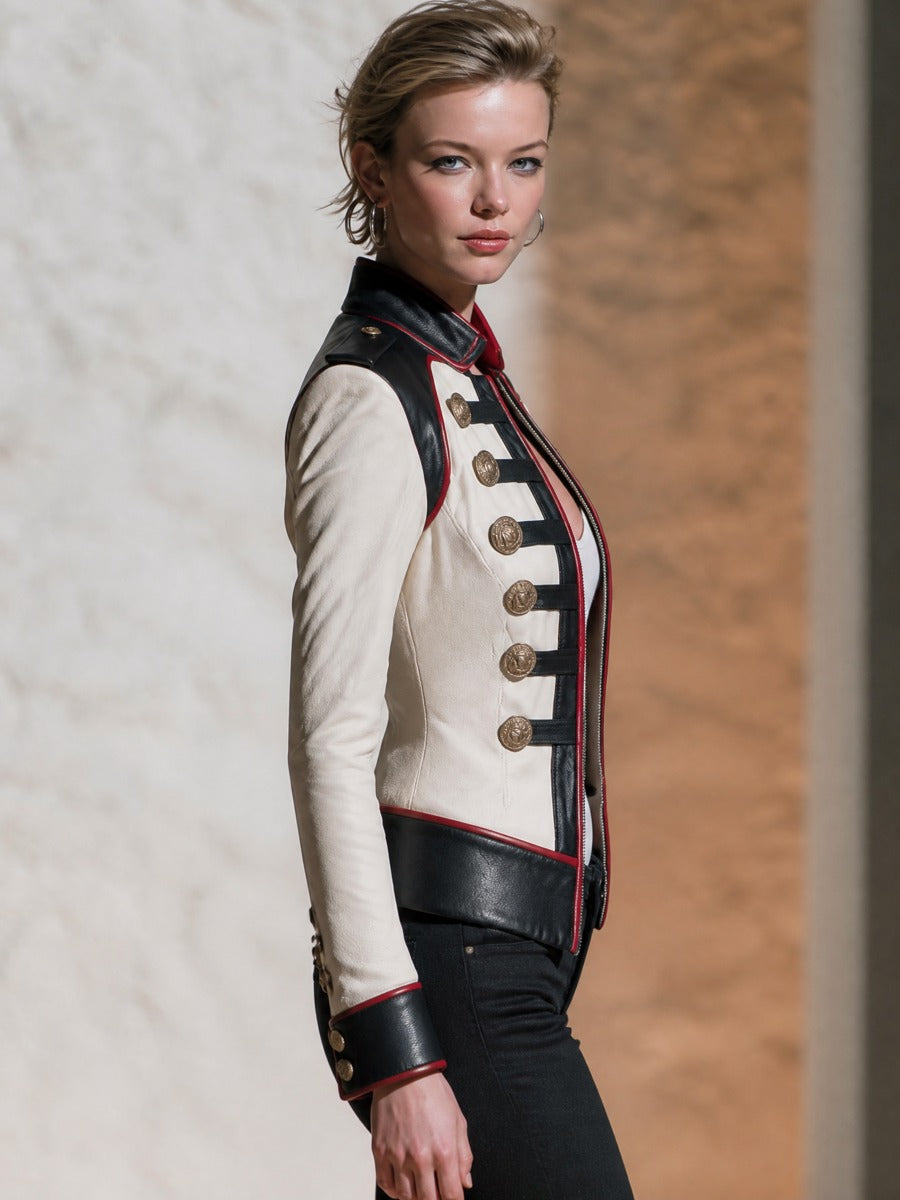 Color‑Block Stand‑Collar Gold‑Button Fitted Short Leather Jacket