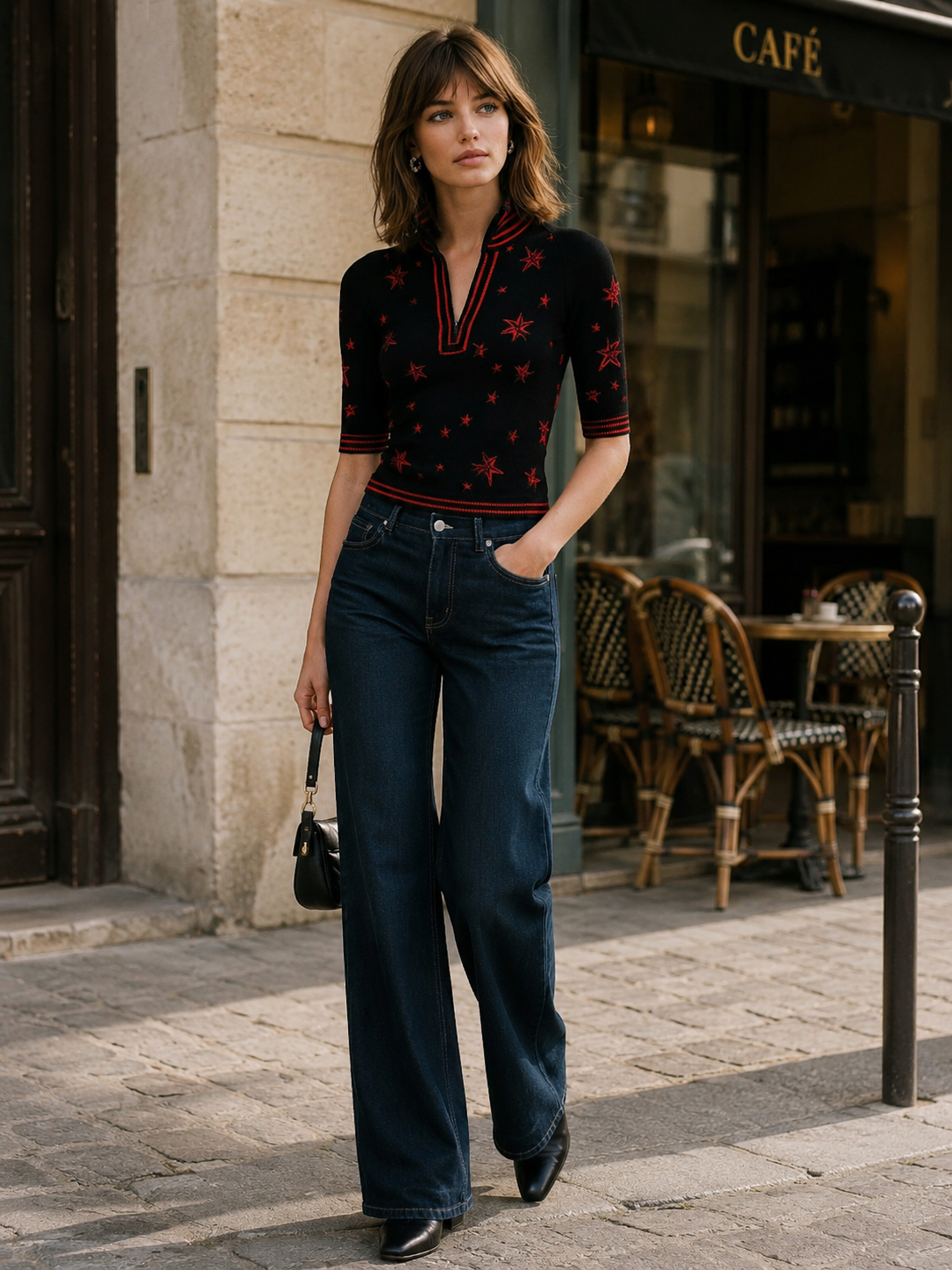 Black Star Print Zip-Neck Ribbed Knit Top With Red Stripe Trim