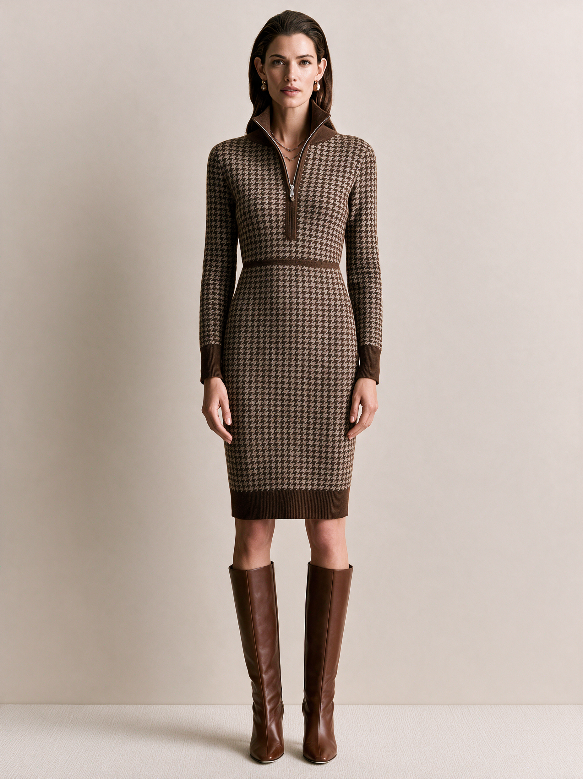 Camel Houndstooth Half-Zip Knit Midi Dress
