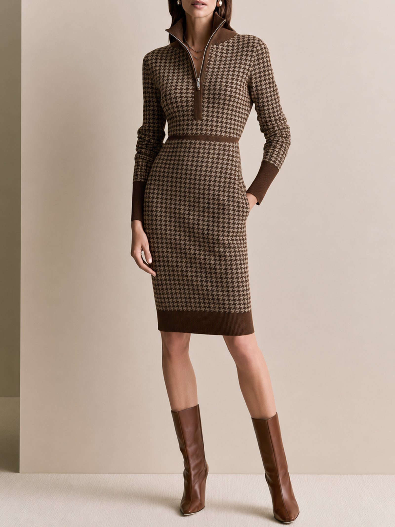 Camel Houndstooth Half-Zip Knit Midi Dress