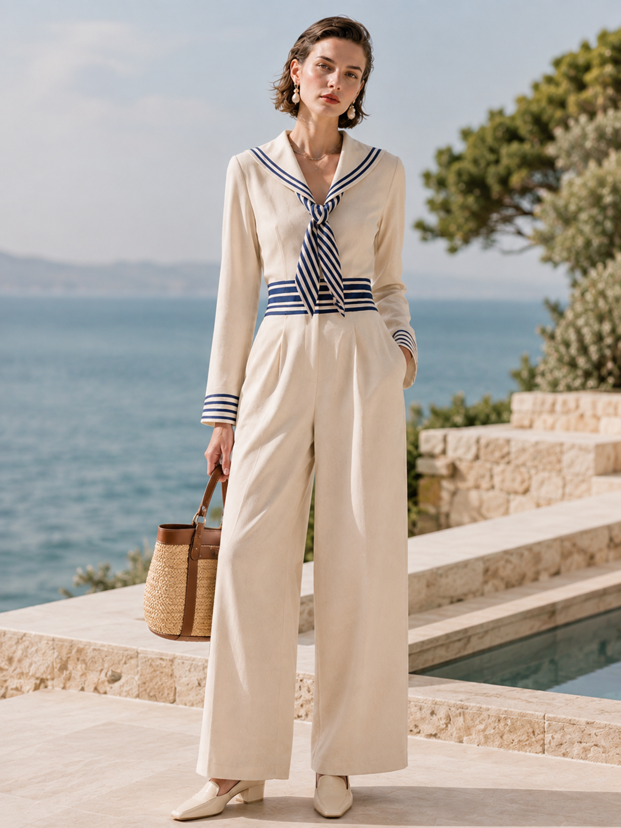 Elegant Ivory & Navy Nautical Wide-Leg Jumpsuit