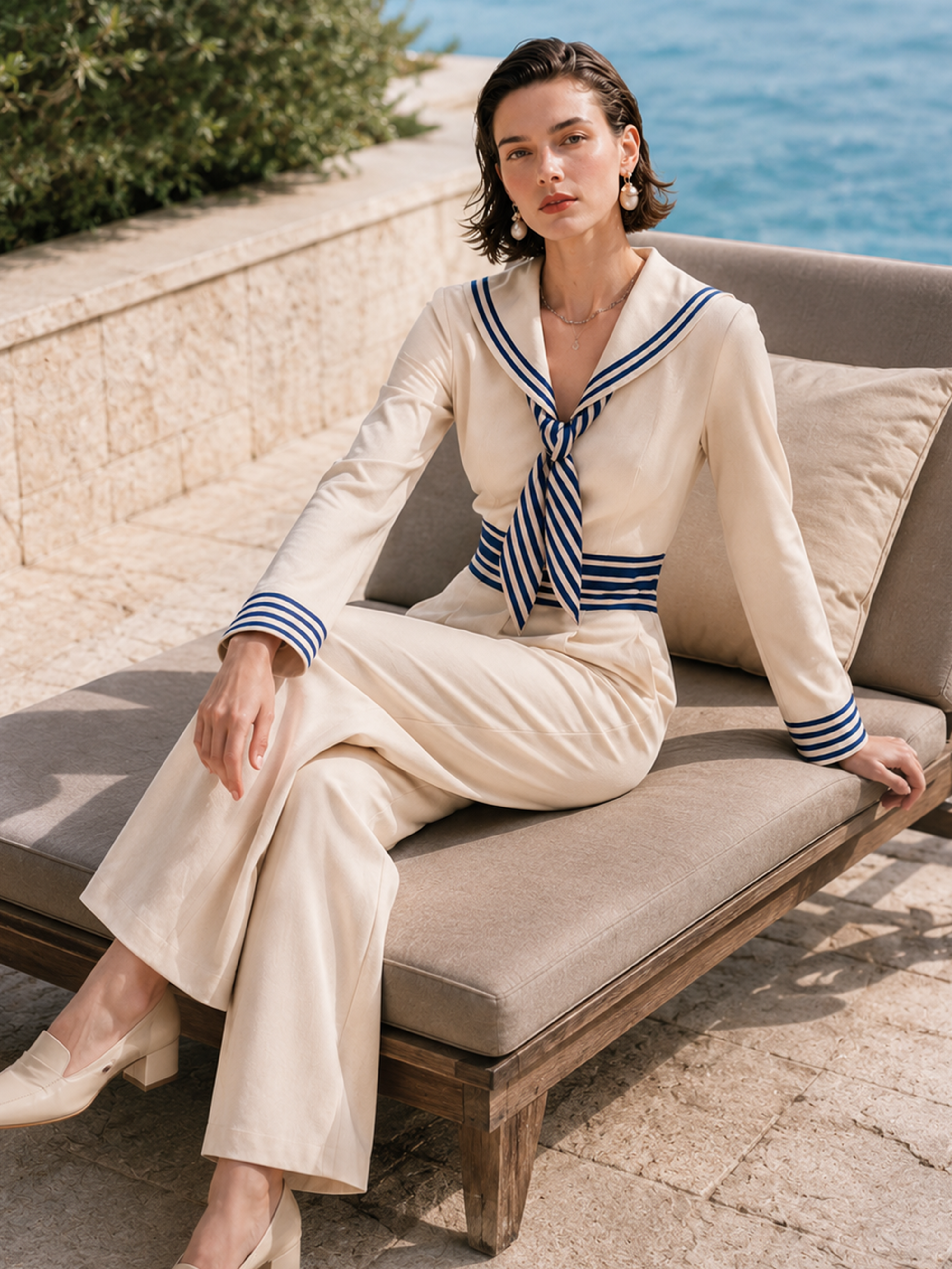 Elegant Ivory & Navy Nautical Wide-Leg Jumpsuit