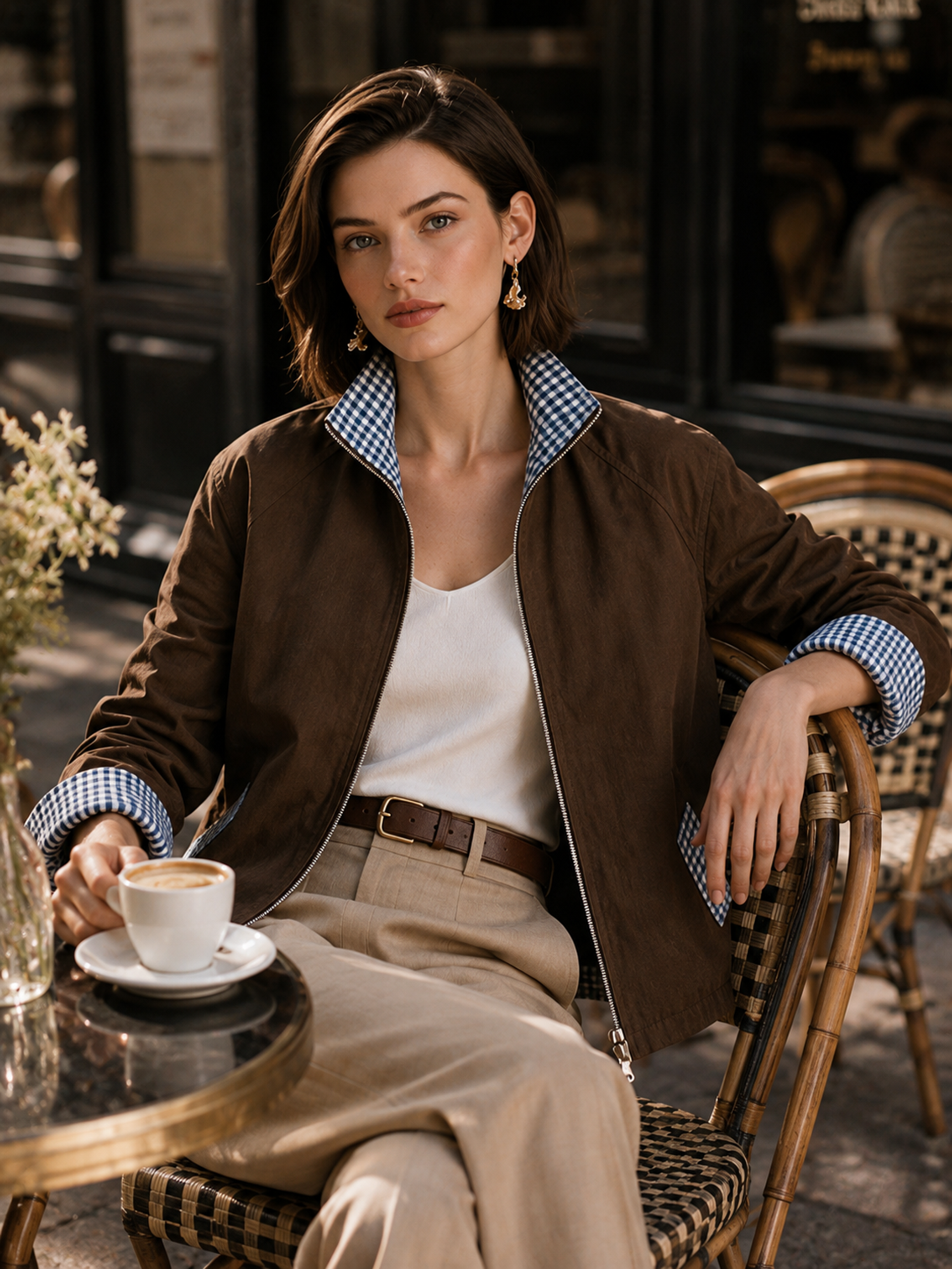 Elegant Dark Brown & Blue Gingham Contrast Jacket