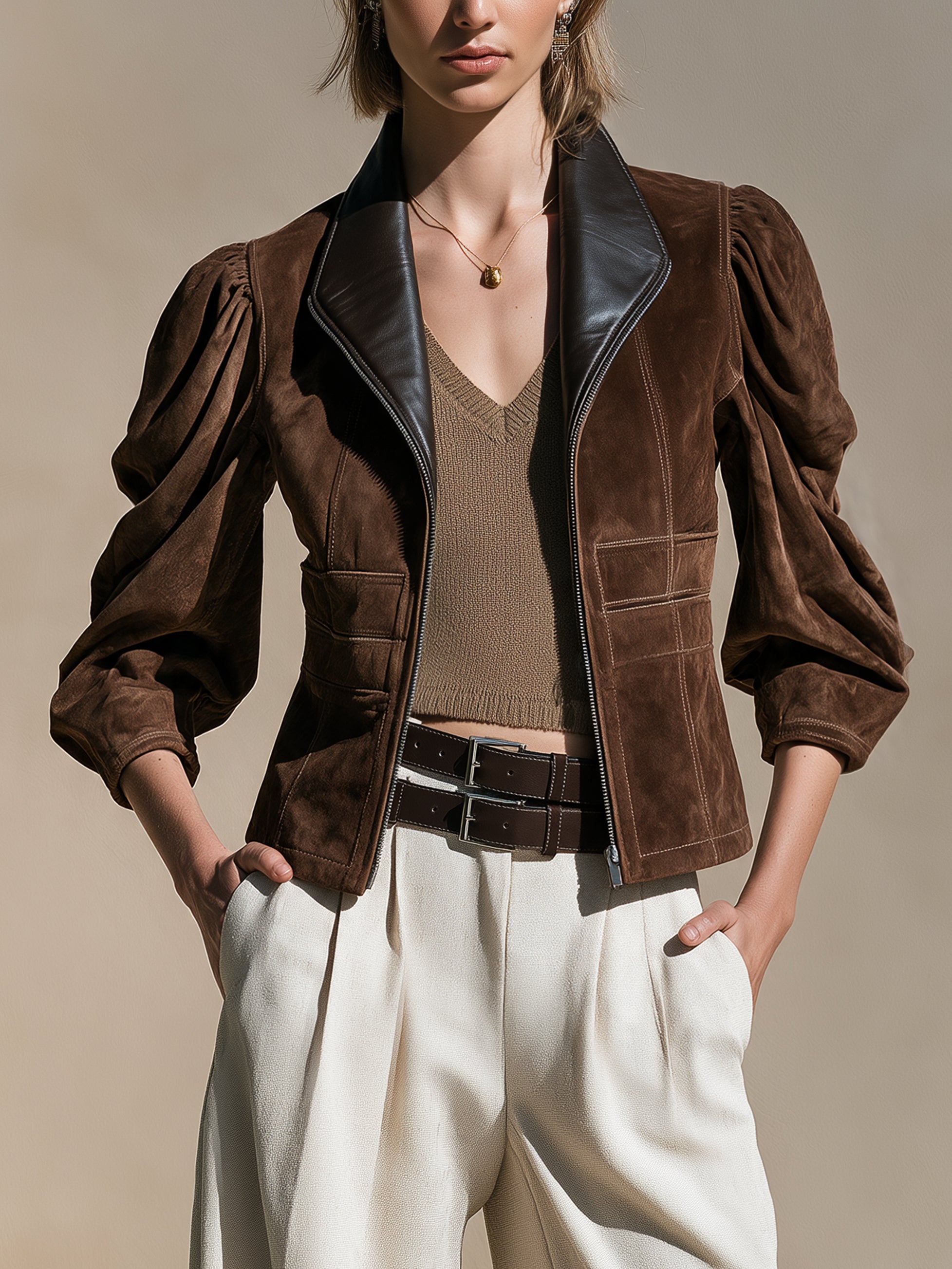 Suede Leather Lapel Zip‑Front Jacket