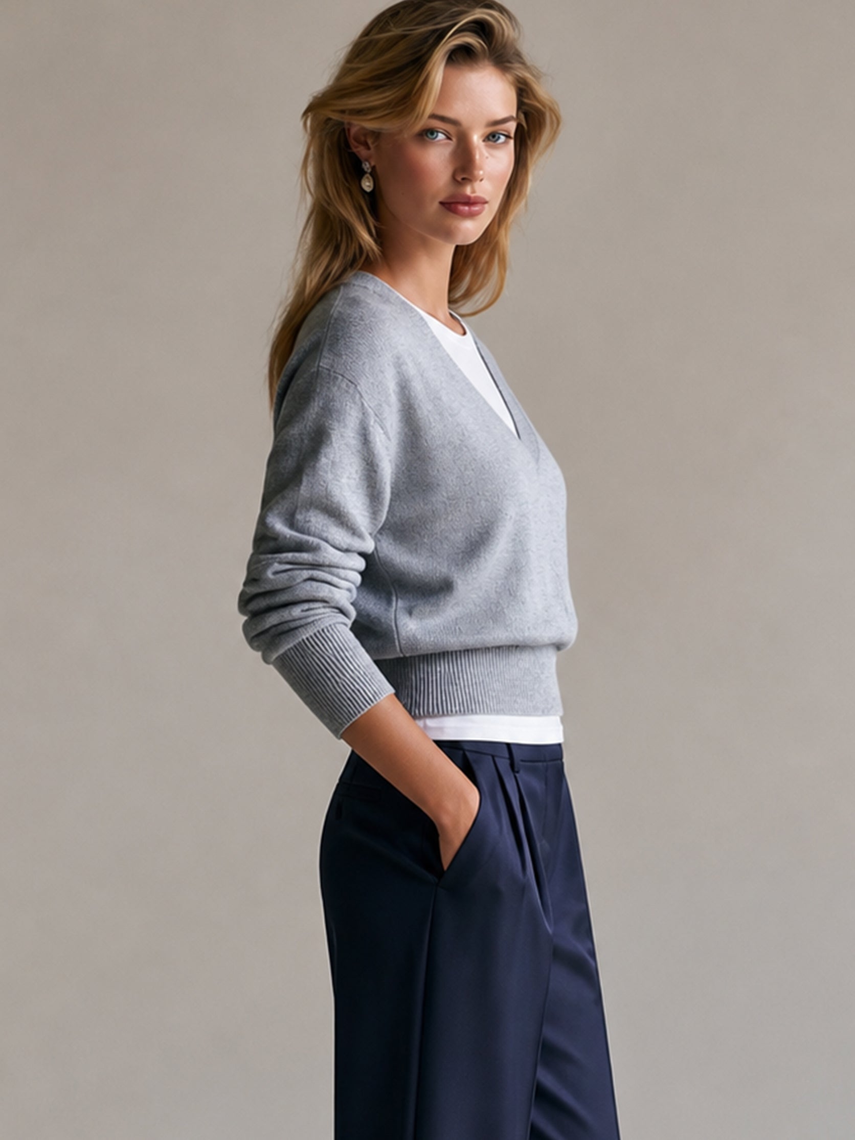 Heather‑Grey Faux‑Layer V‑Neck Knit Pullover