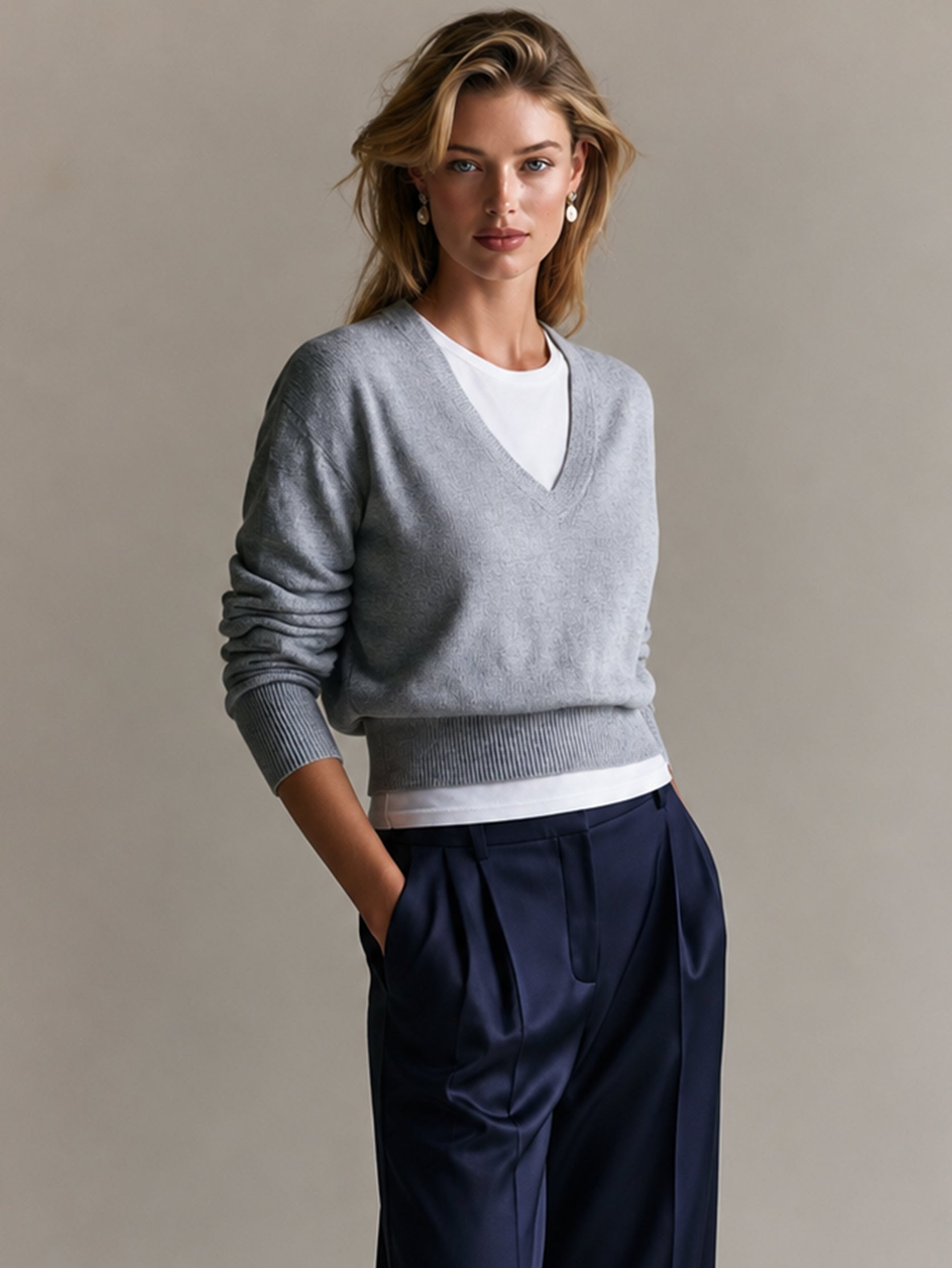 Heather‑Grey Faux‑Layer V‑Neck Knit Pullover