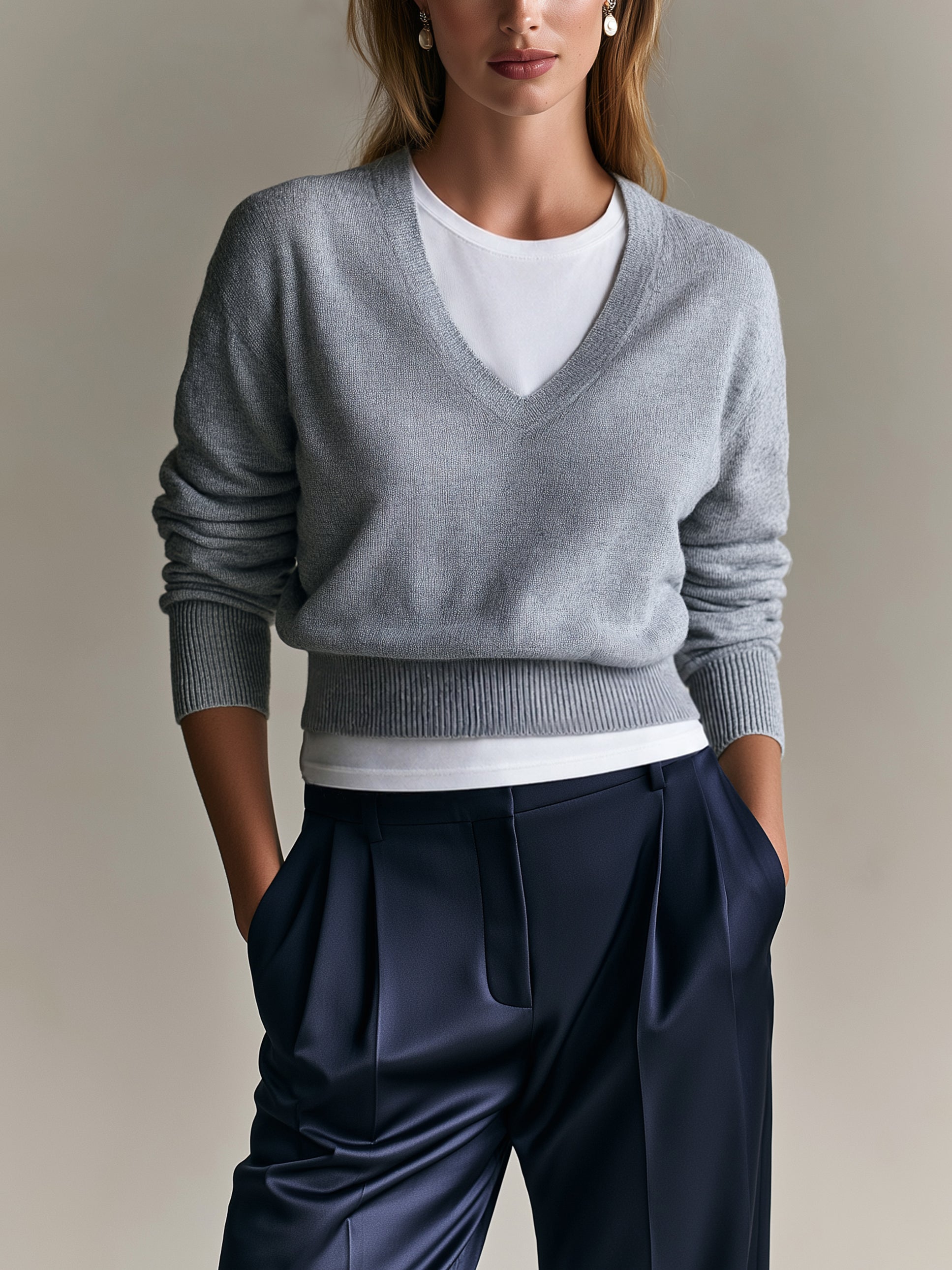 Heather‑Grey Faux‑Layer V‑Neck Knit Pullover