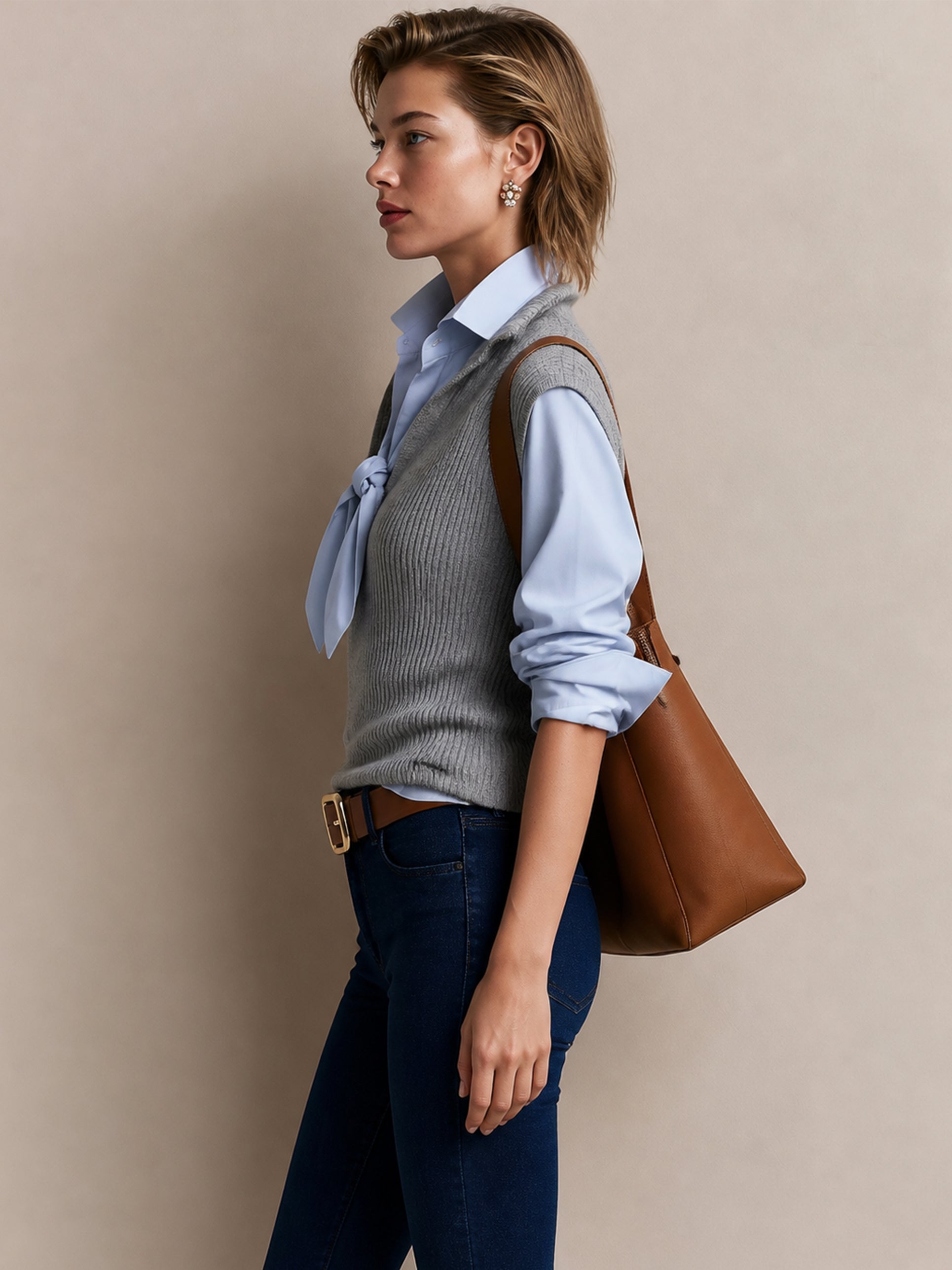 Half‑Zip Ribbed Knit Vest & Tie‑Neck Shirt Set