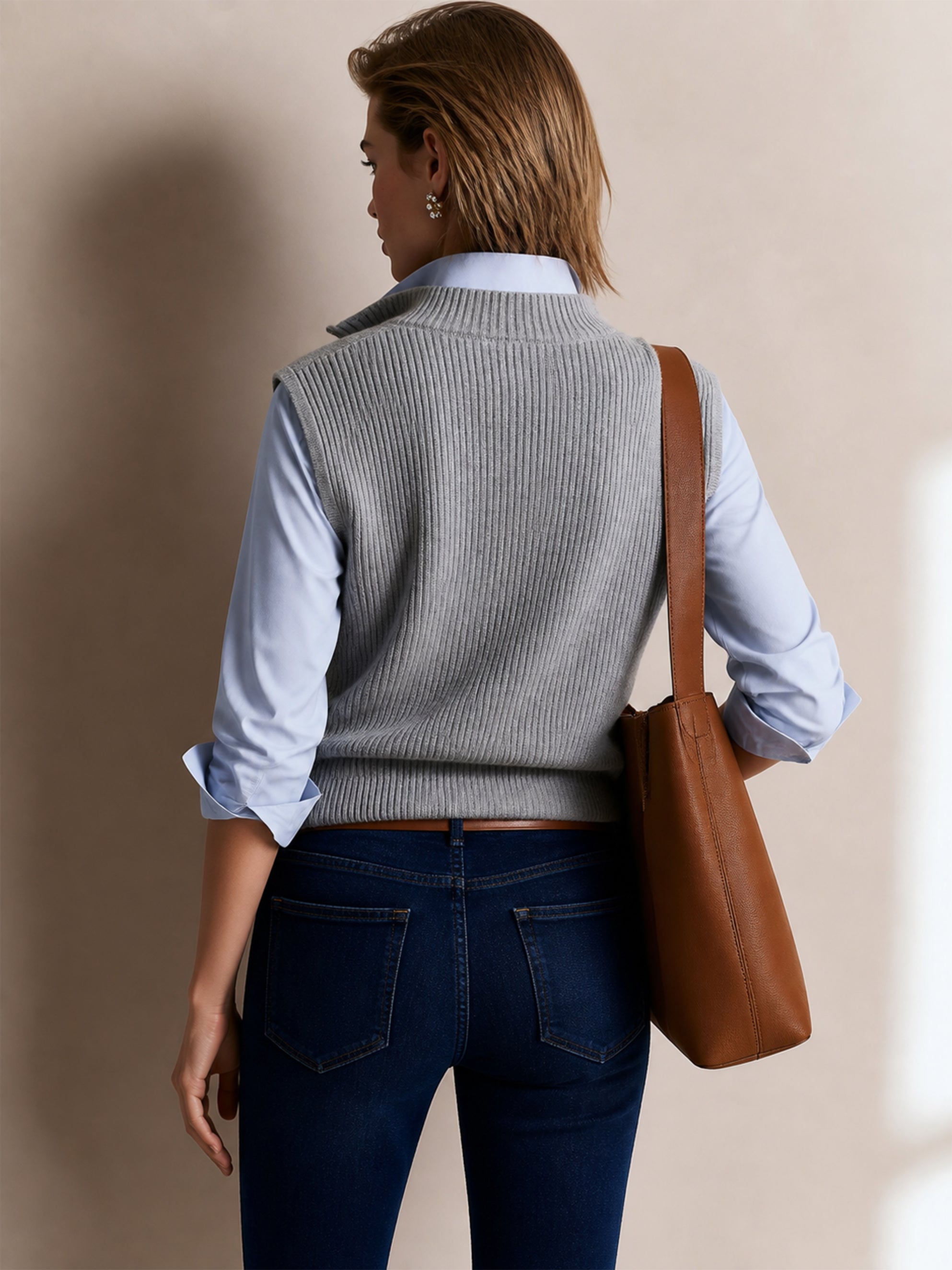 Half‑Zip Ribbed Knit Vest & Tie‑Neck Shirt Set