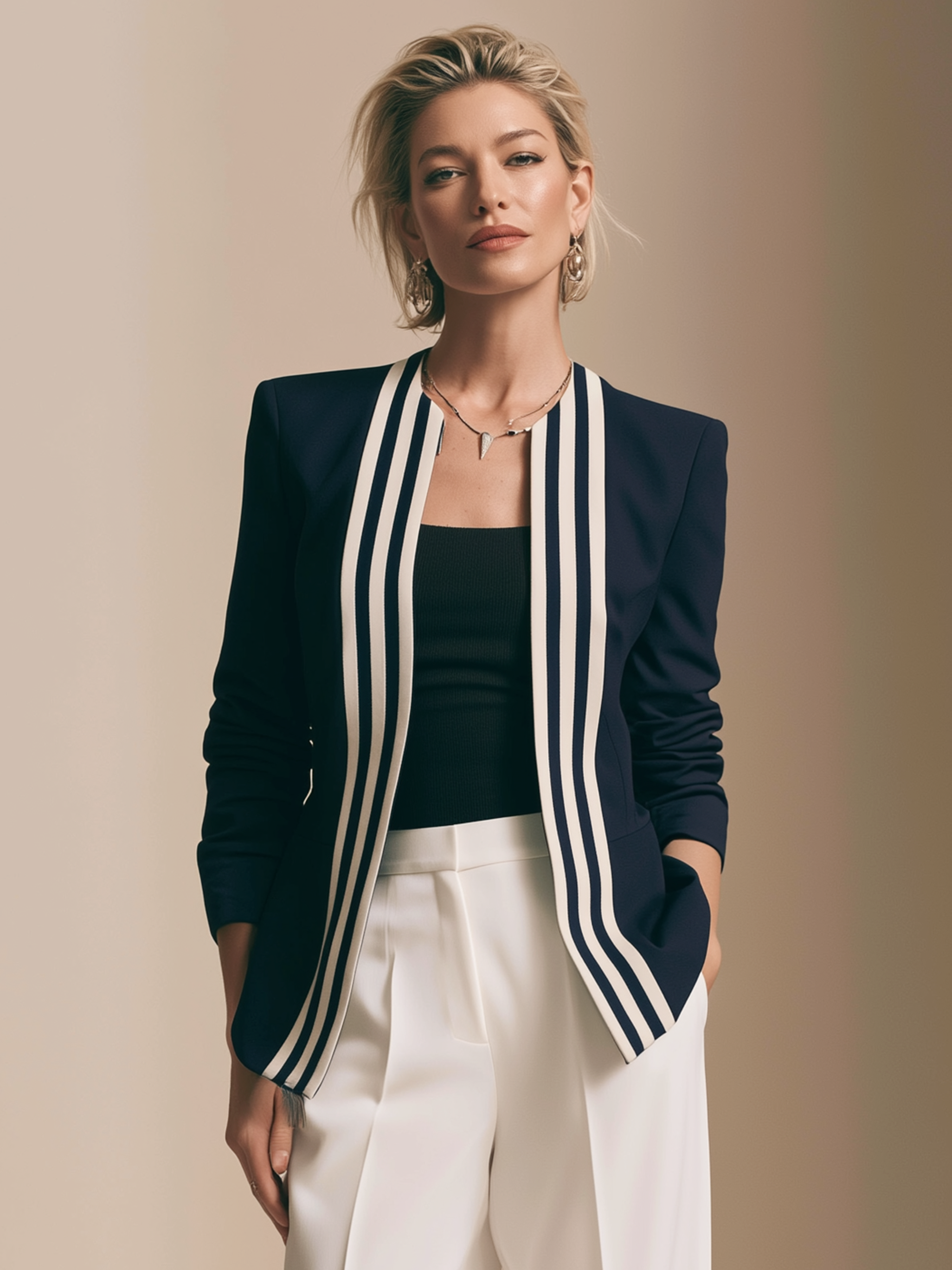 Elegant Navy & Ivory Stripe Contrast Blazer