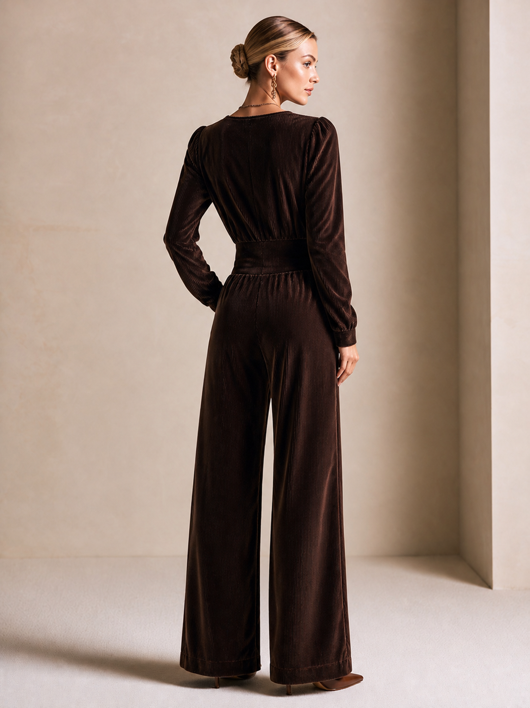 Elegant Chocolate Brown V-Neck Corduroy Jumpsuit