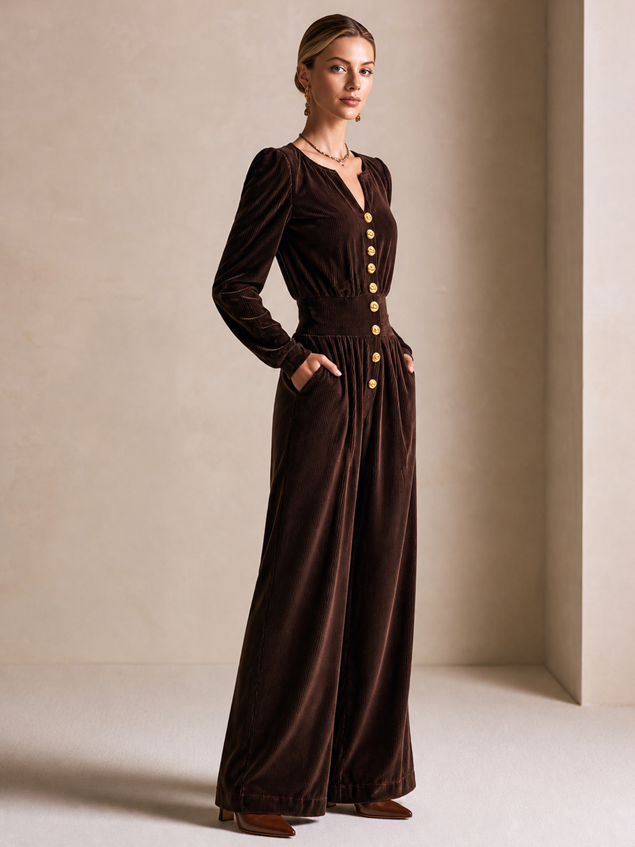 Elegant Chocolate Brown V-Neck Corduroy Jumpsuit