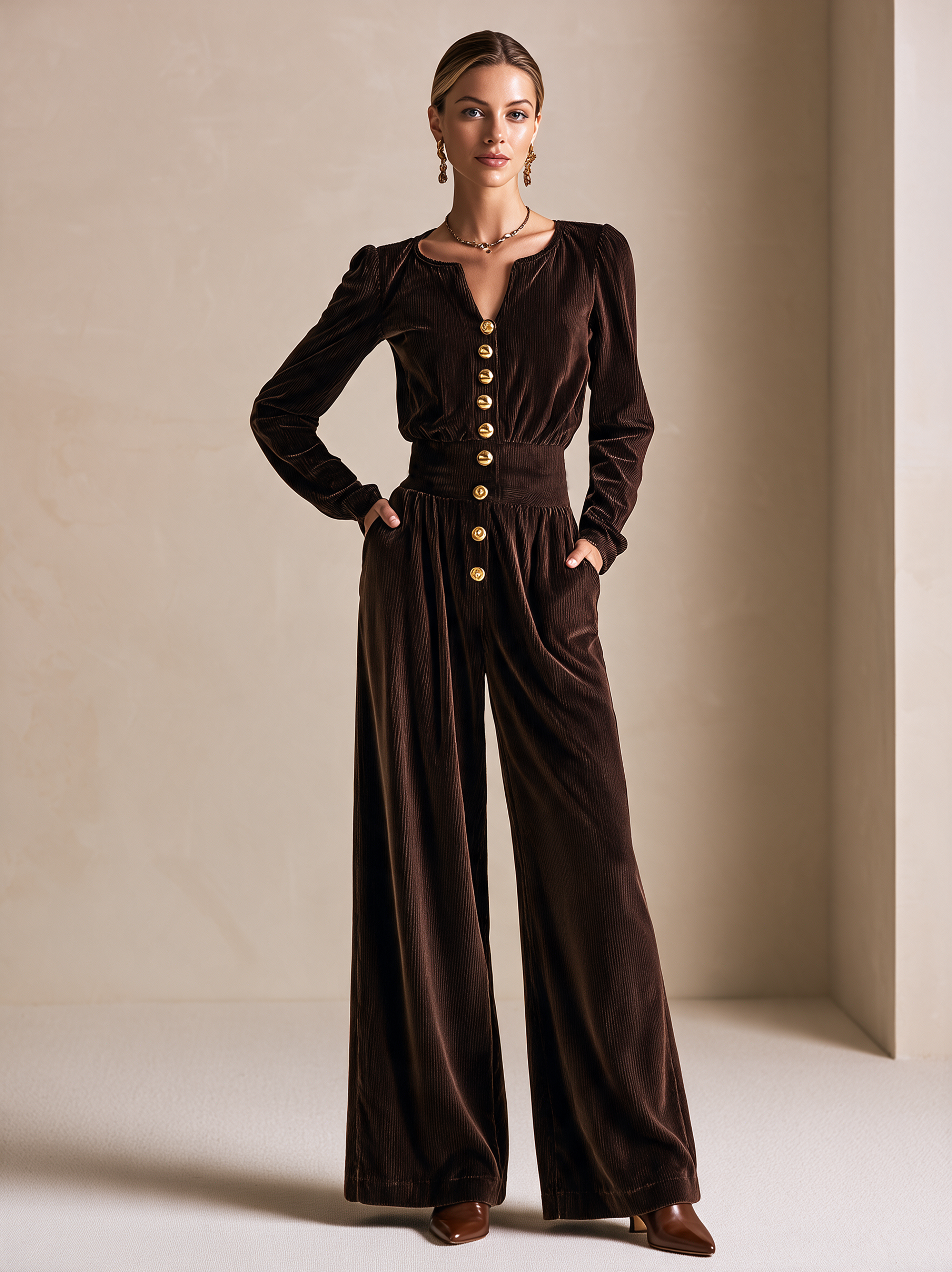 Elegant Chocolate Brown V-Neck Corduroy Jumpsuit