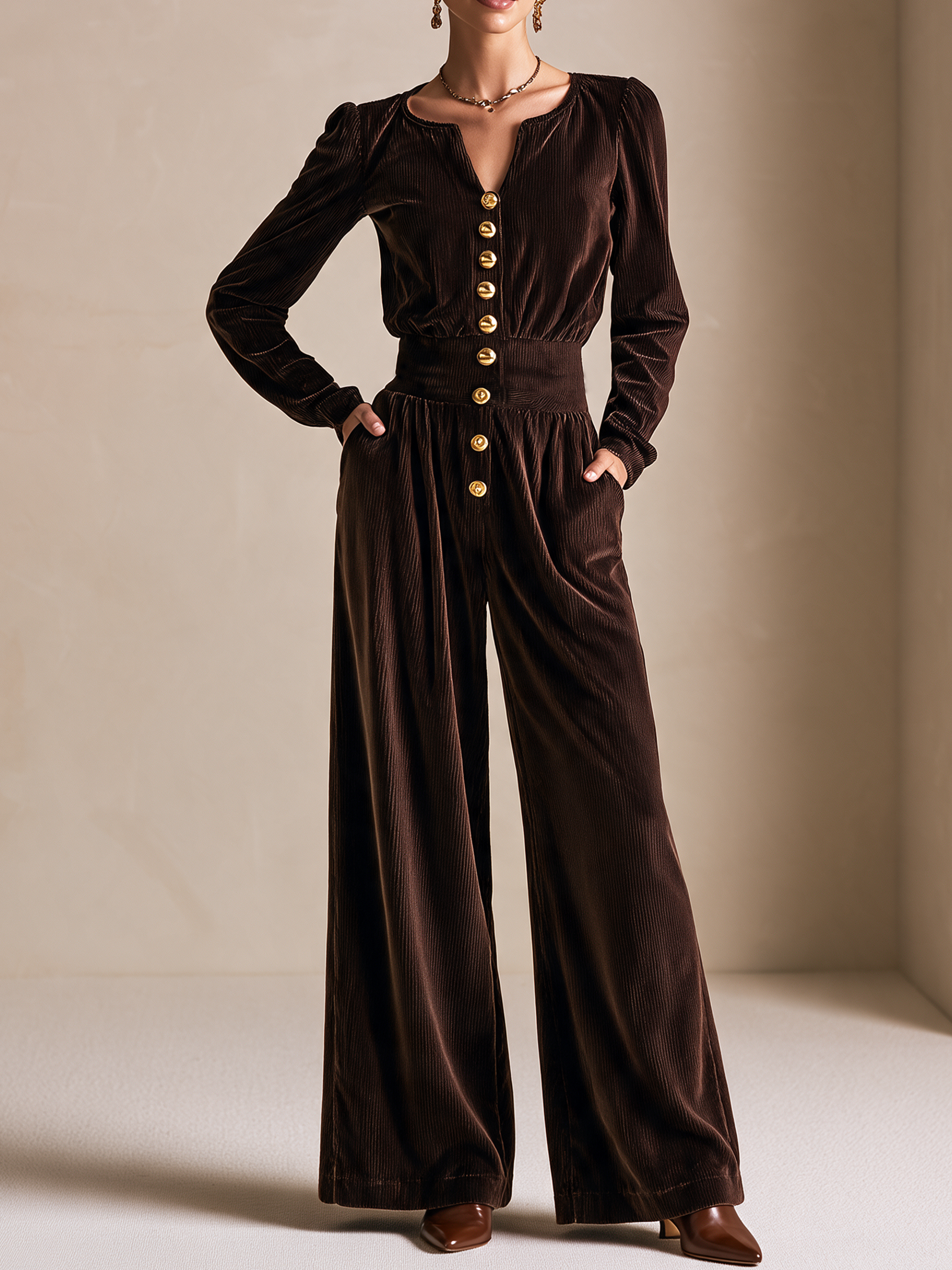 Elegant Chocolate Brown V-Neck Corduroy Jumpsuit