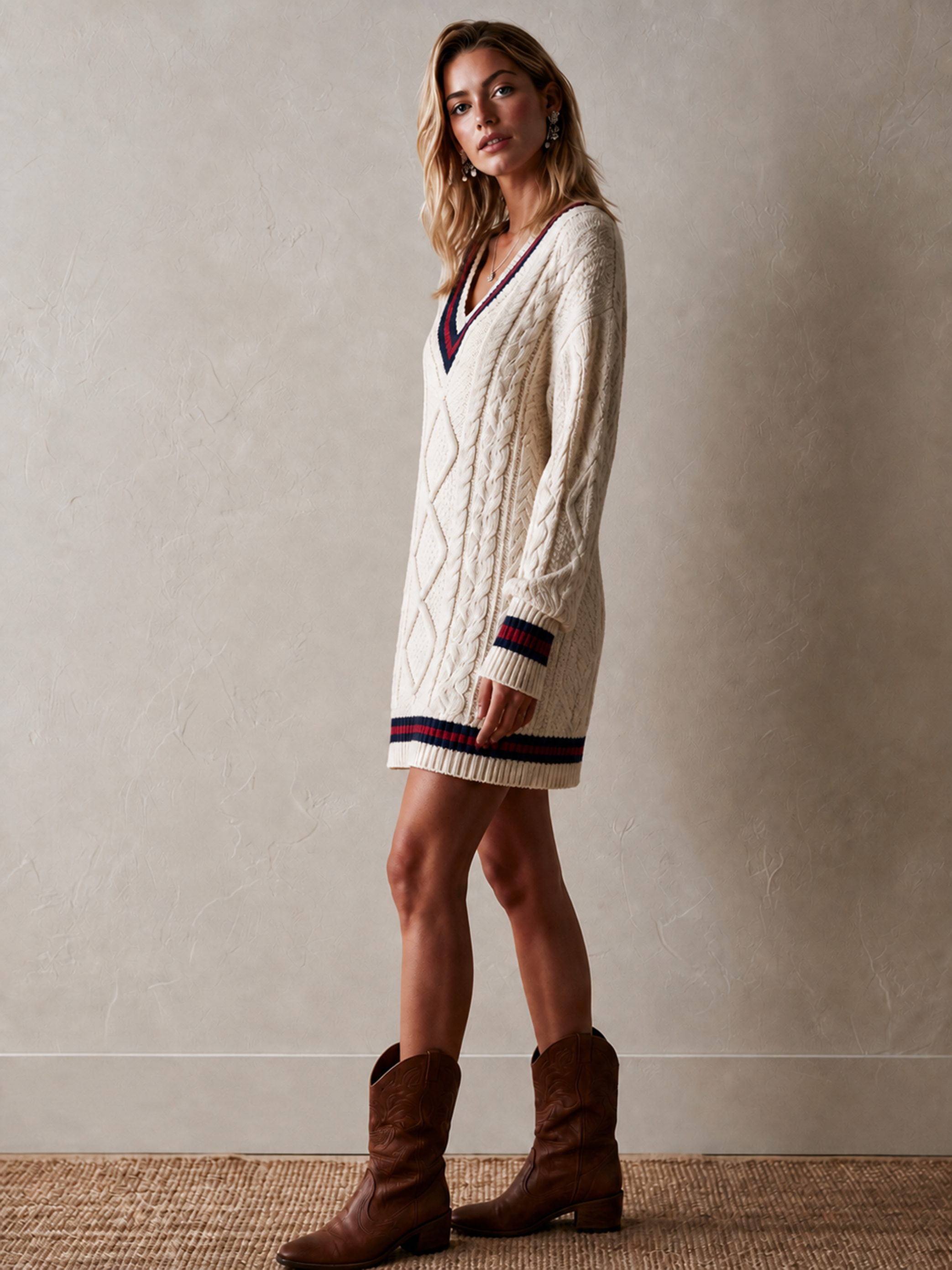 Elegant Ivory & Navy Contrast Cable-Knit V-Neck Dress