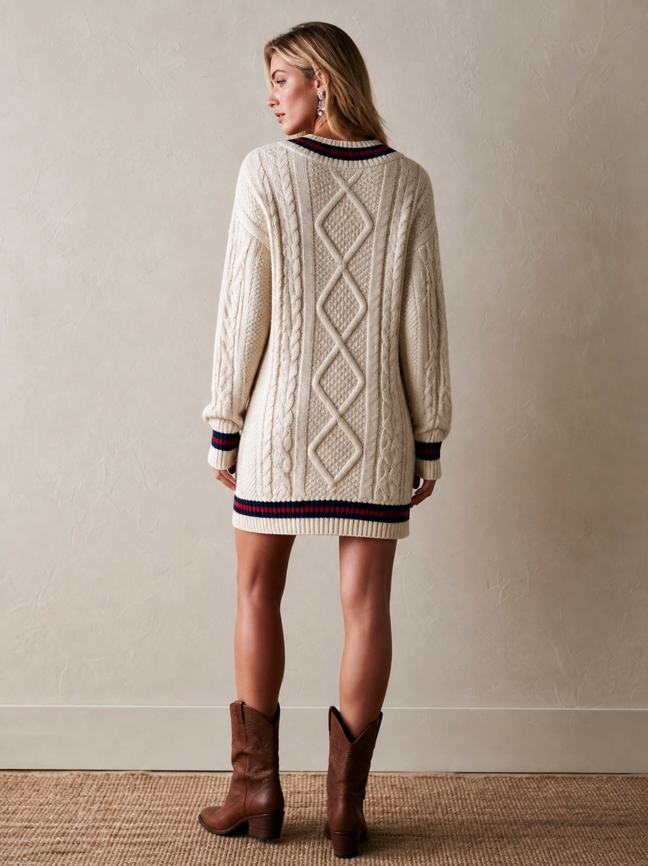 Elegant Ivory & Navy Contrast Cable-Knit V-Neck Dress