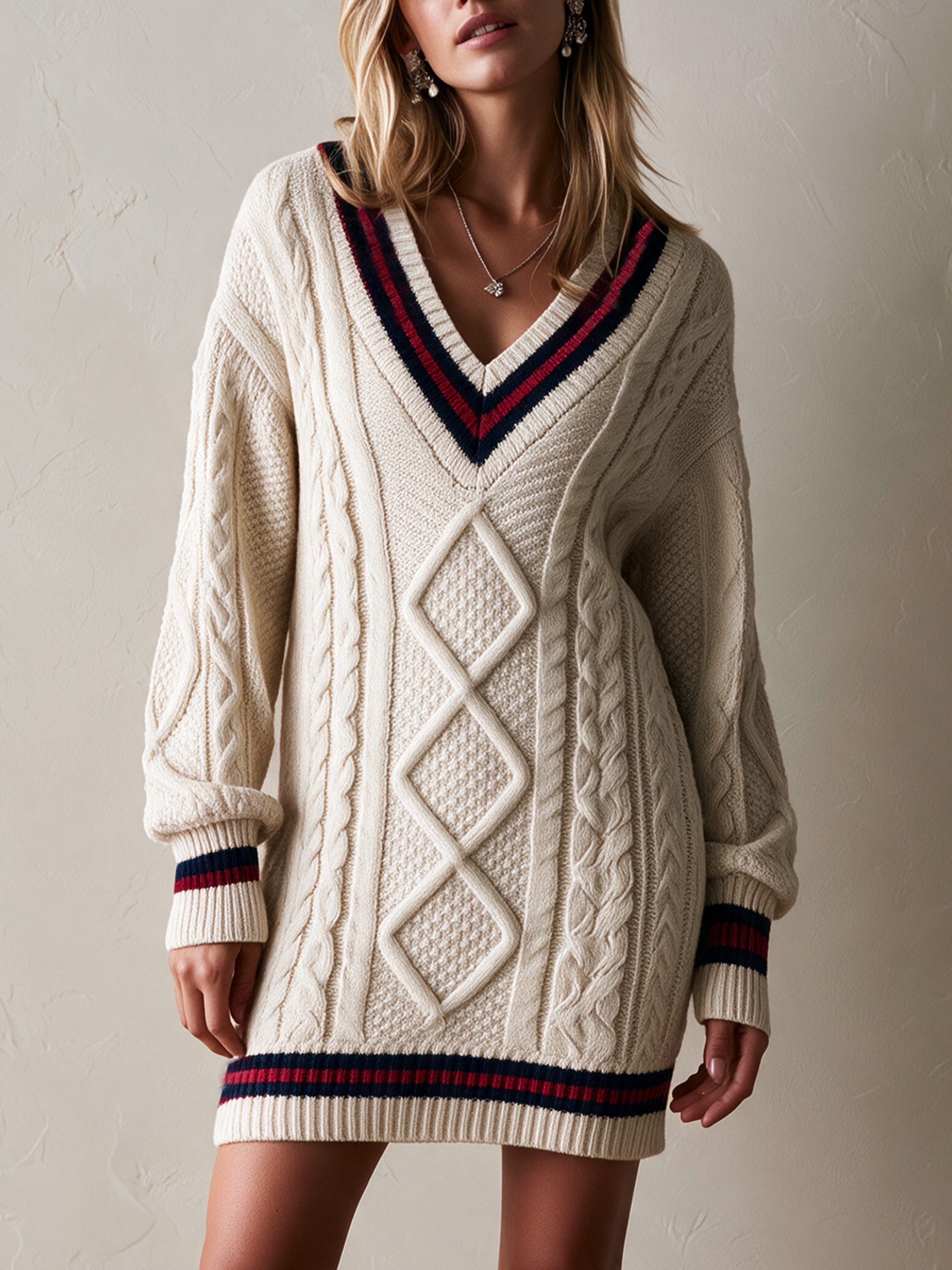 Elegant Ivory & Navy Contrast Cable-Knit V-Neck Dress