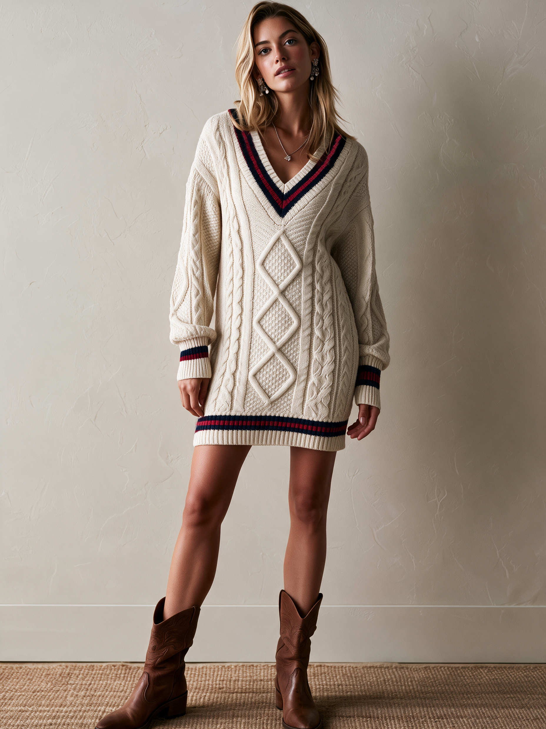 Elegant Ivory & Navy Contrast Cable-Knit V-Neck Dress
