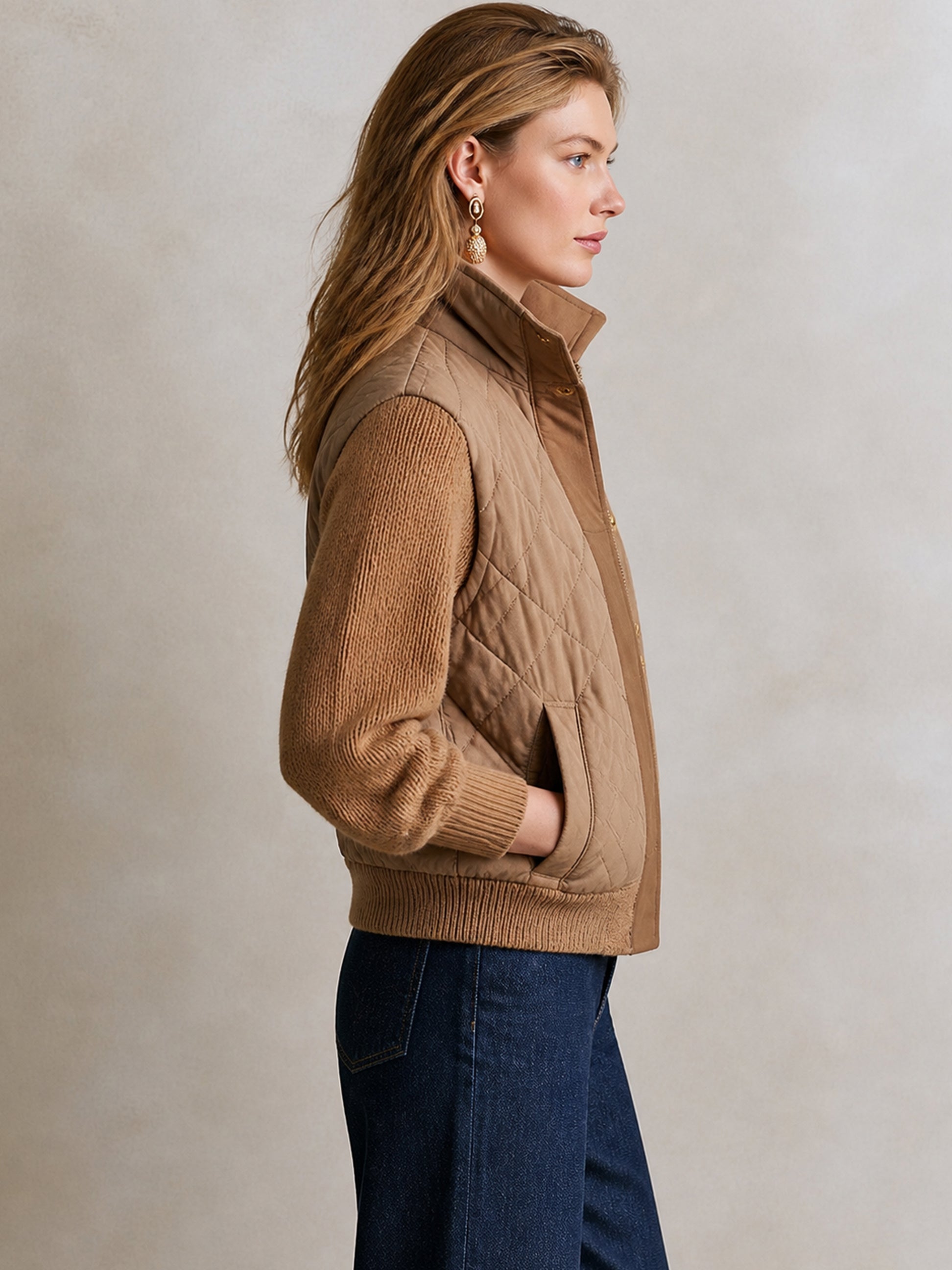 Faux‑Layer Knit‑Sleeve Jacket Outerwear
