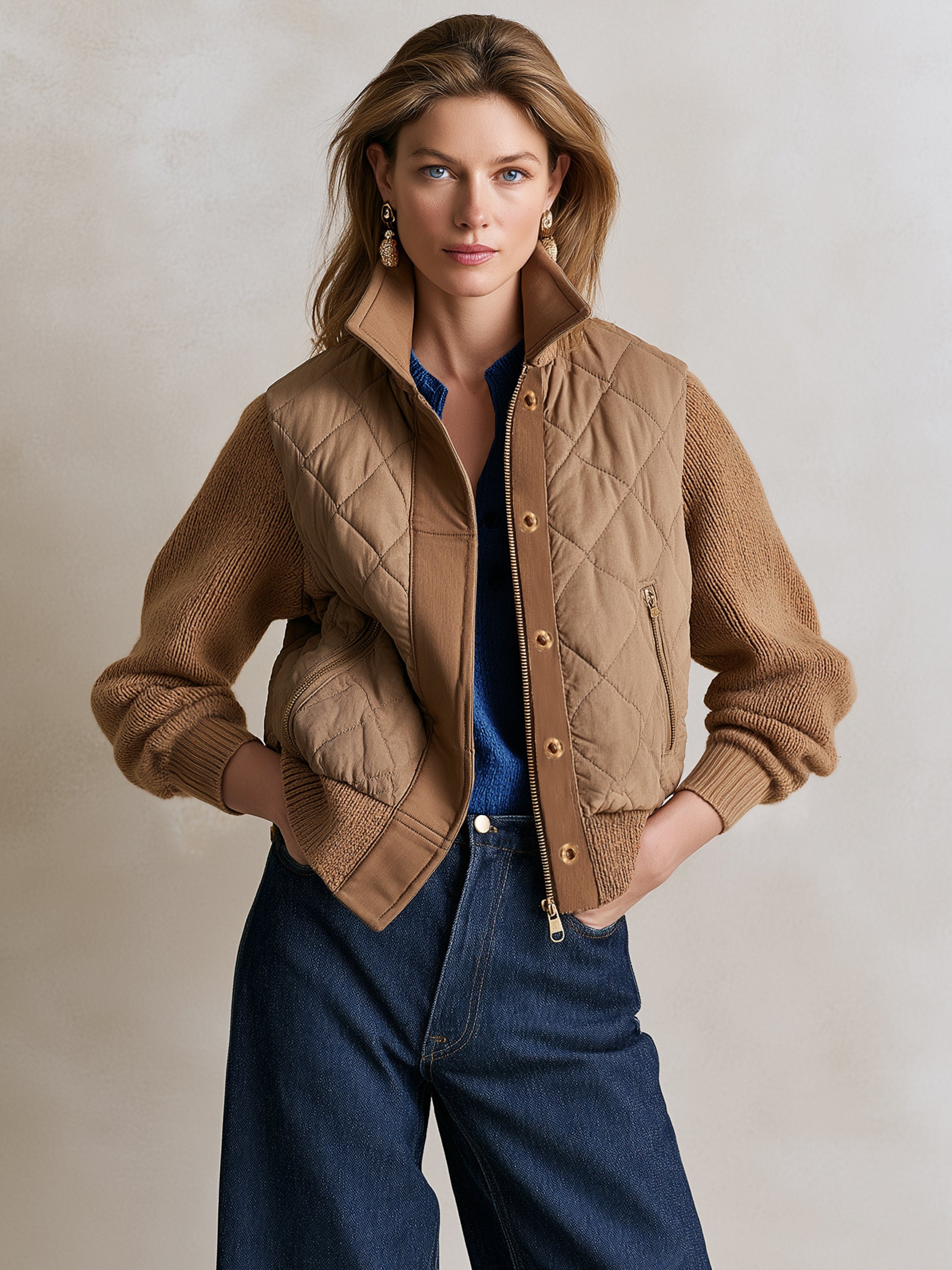 Faux‑Layer Knit‑Sleeve Jacket Outerwear
