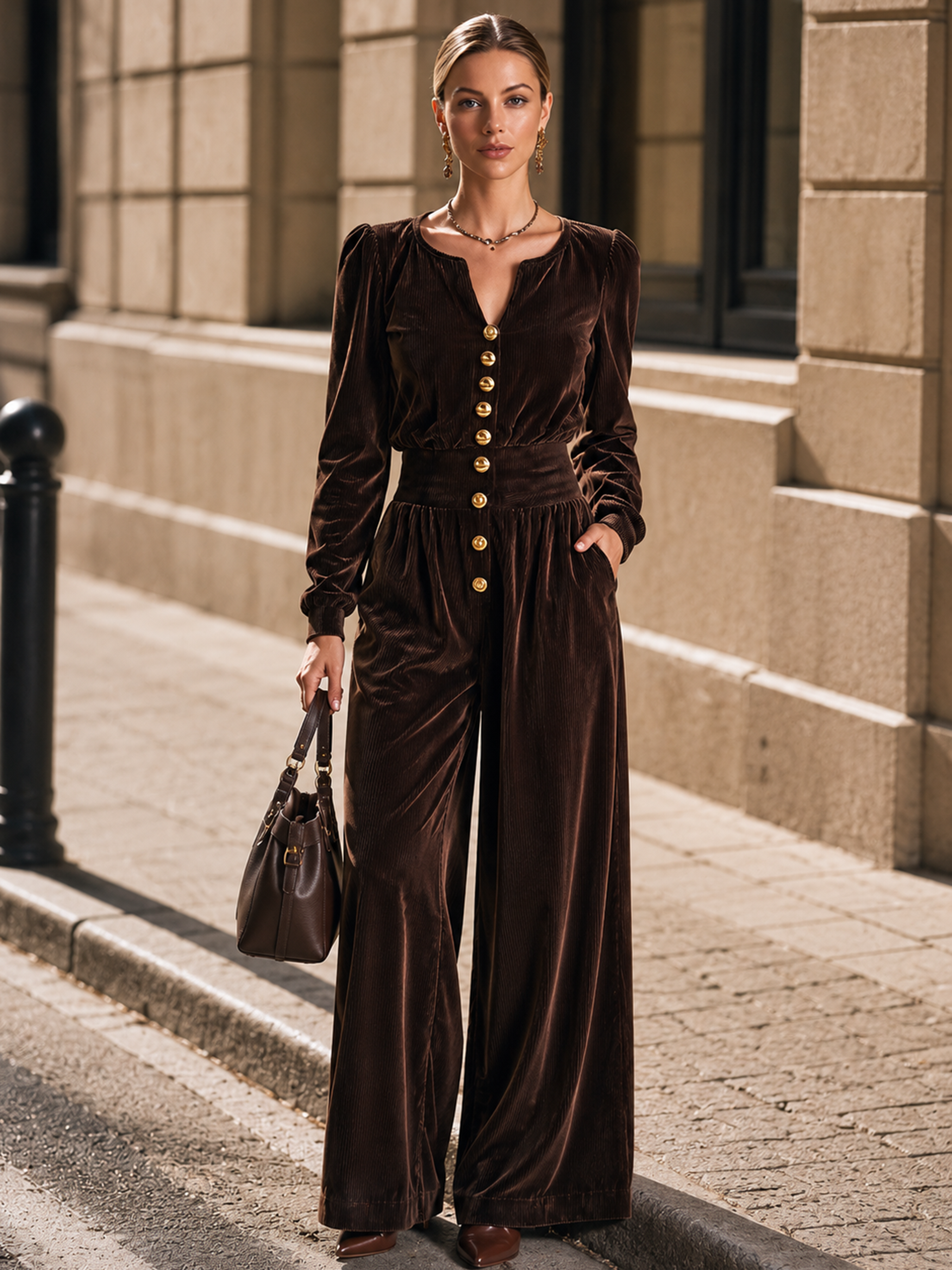 Elegant Chocolate Brown V-Neck Corduroy Jumpsuit