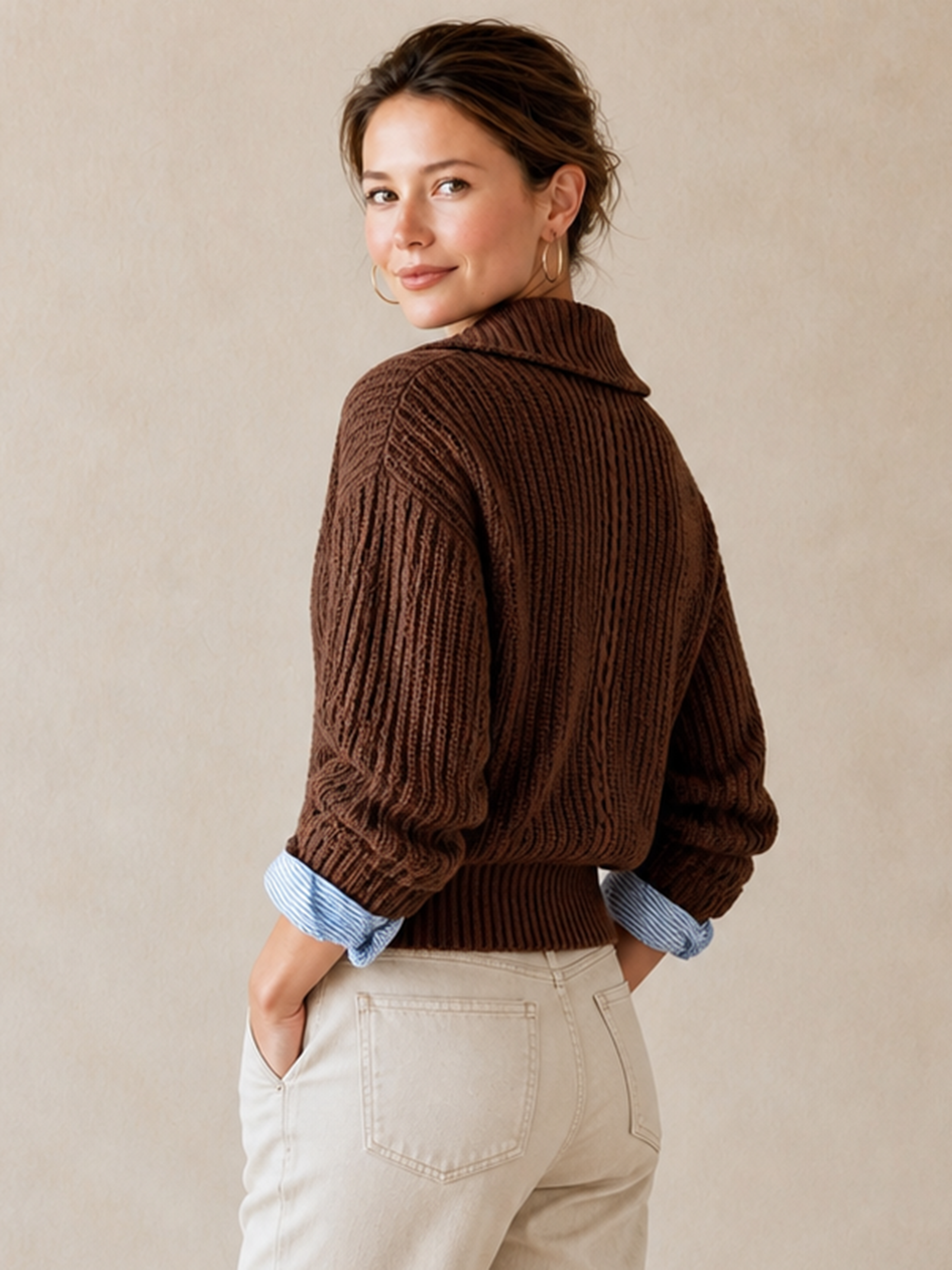 Brown Cable‑Knit Collared Fake Two‑Piece Pullover
