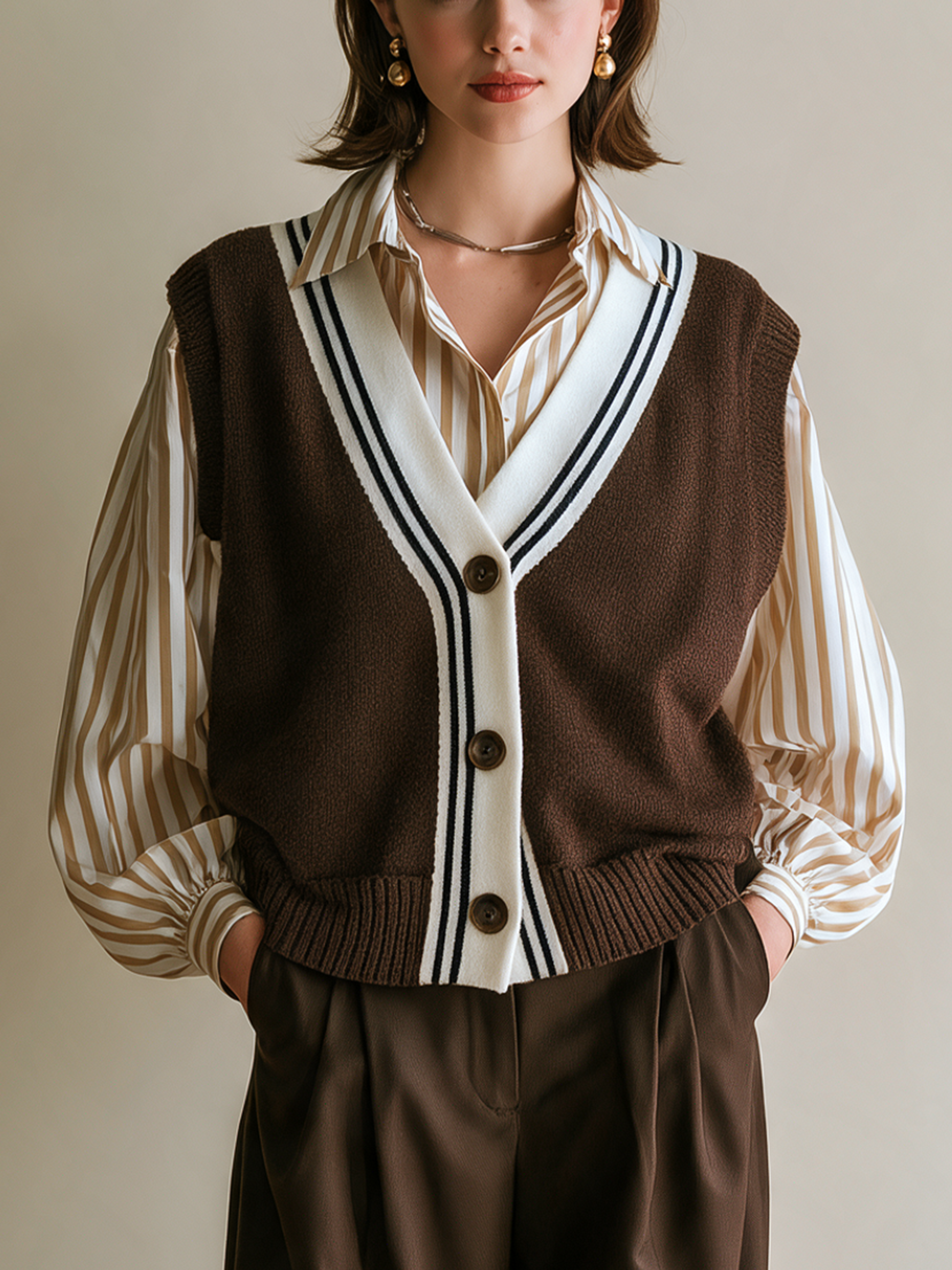 Elegant Brown & Ivory Contrast V-Neck Knit Button Vest