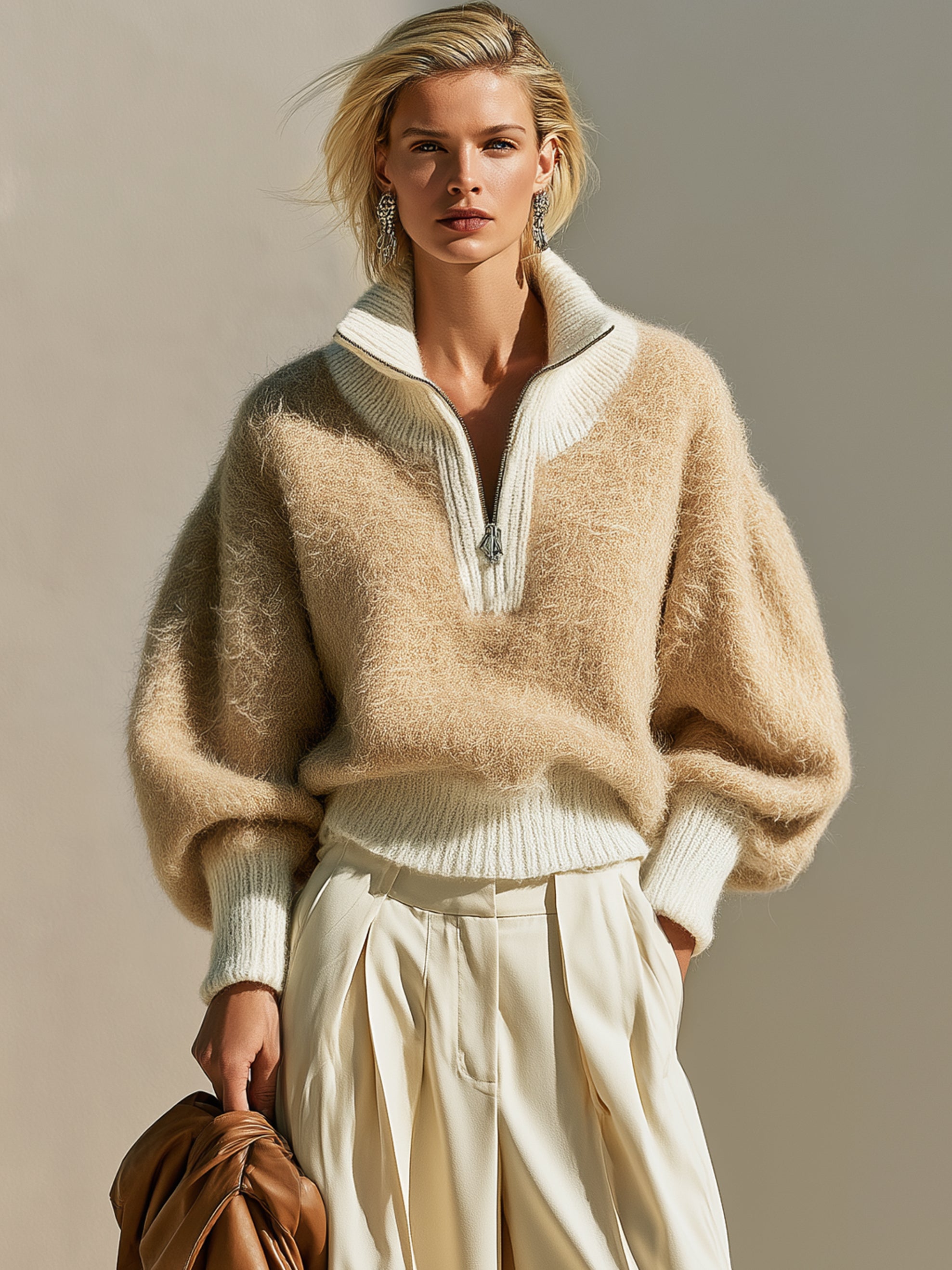 Elegant Relaxed Half‑Zip Knit Pullover Sweater