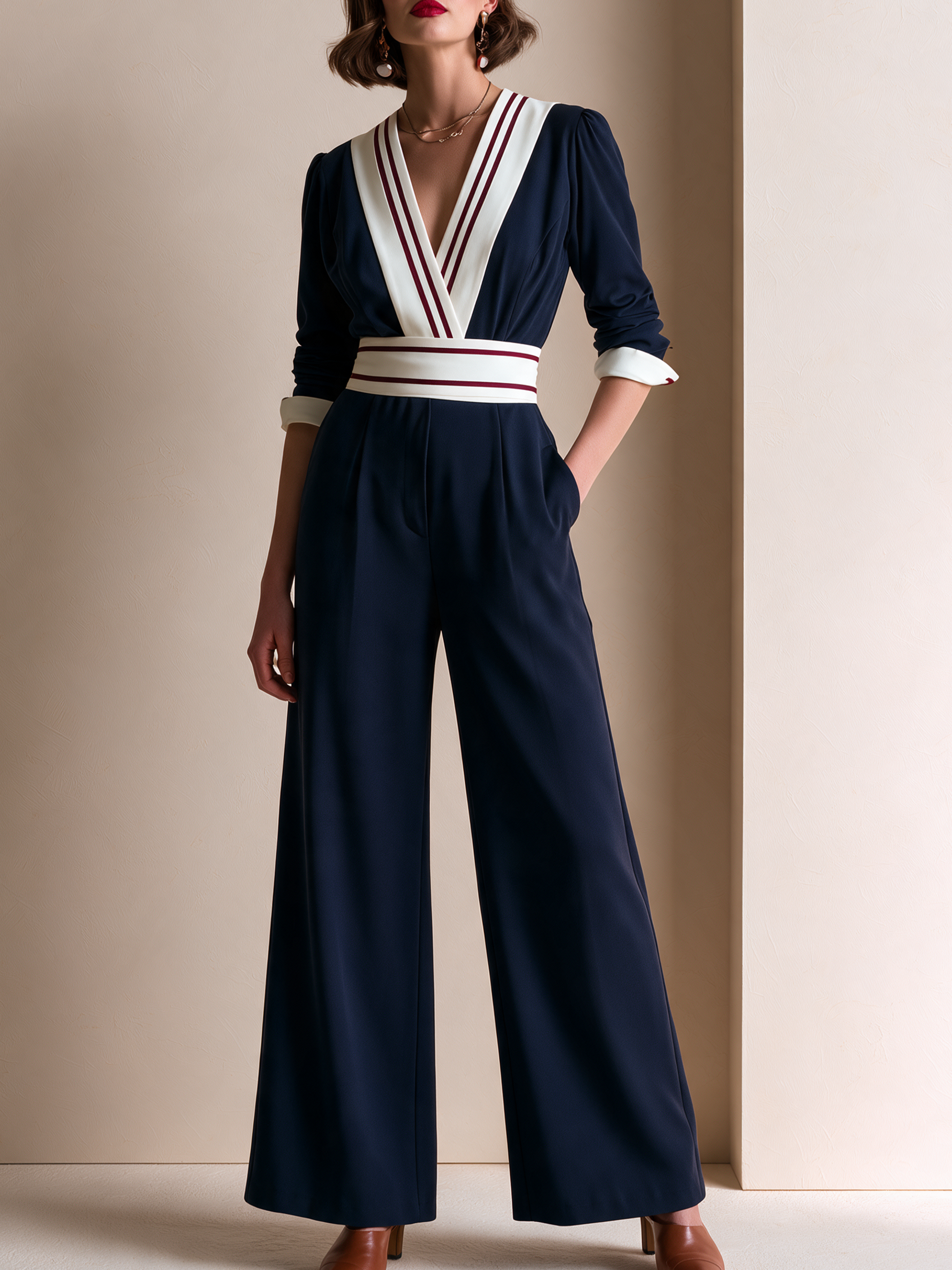 Elegant Navy, Ivory & Burgundy Contrast Wide-Leg Jumpsuit
