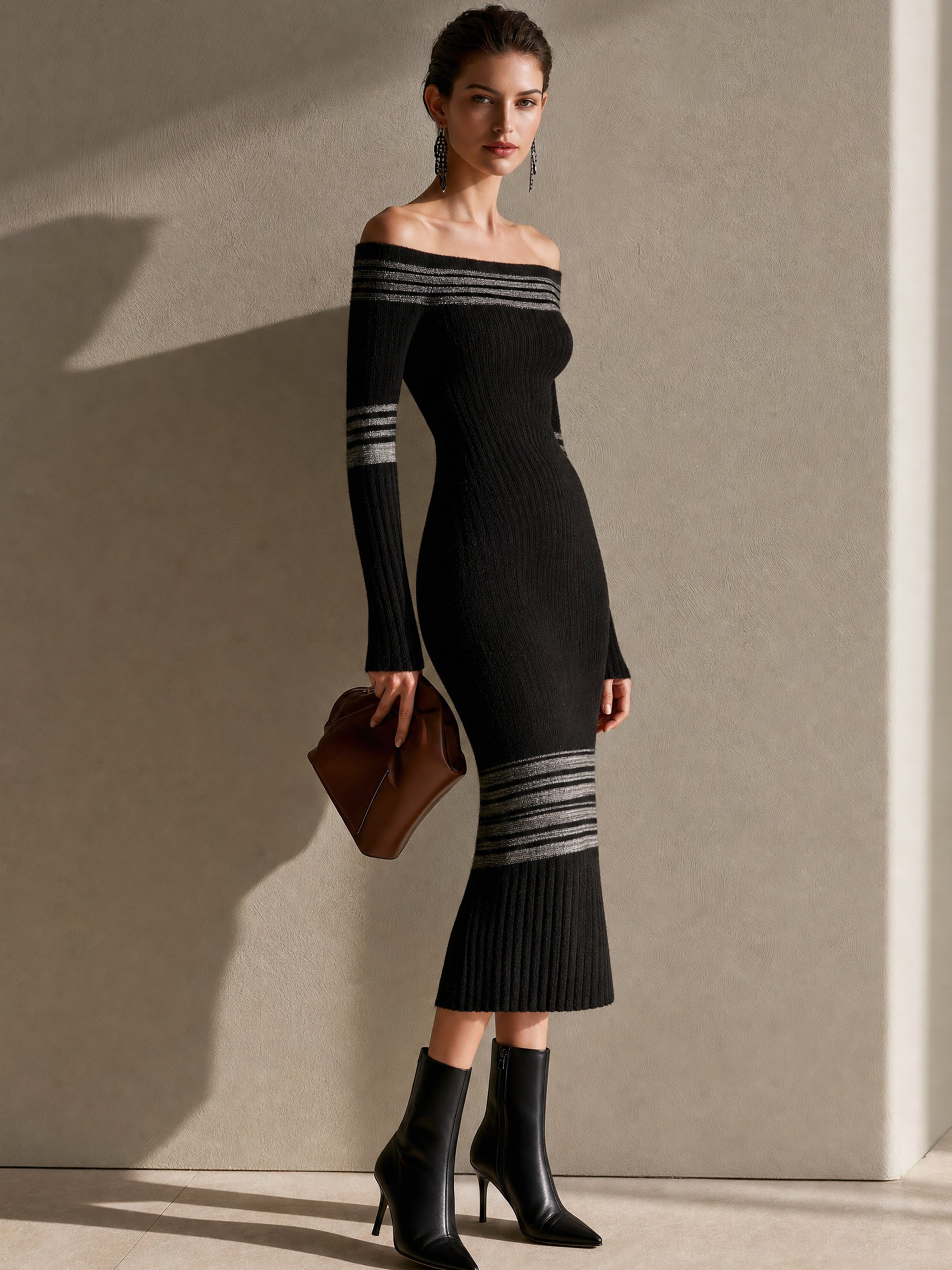 Black Off Shoulder Evening Midi Dress