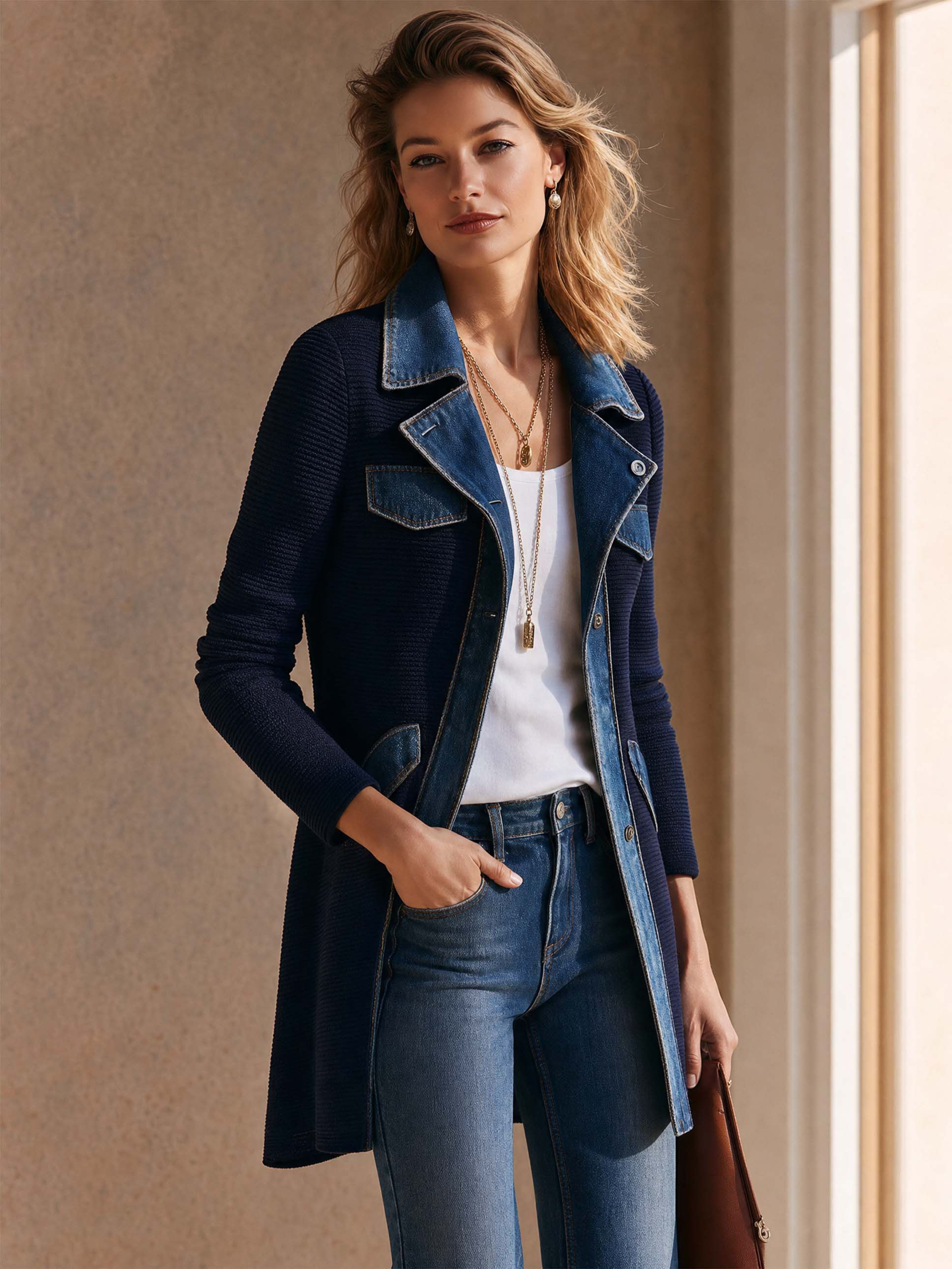 Denim‑Trim Mid‑Length Jacket Outerwear