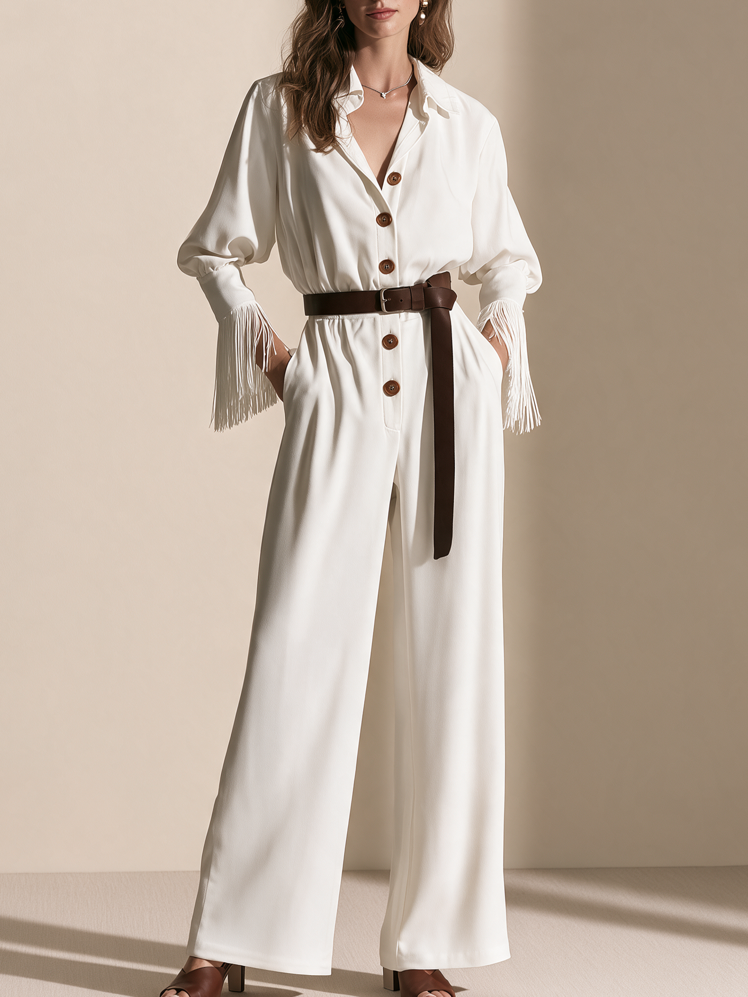 Elegant Ivory Fringe-Cuff Belted Wide-Leg Jumpsuit